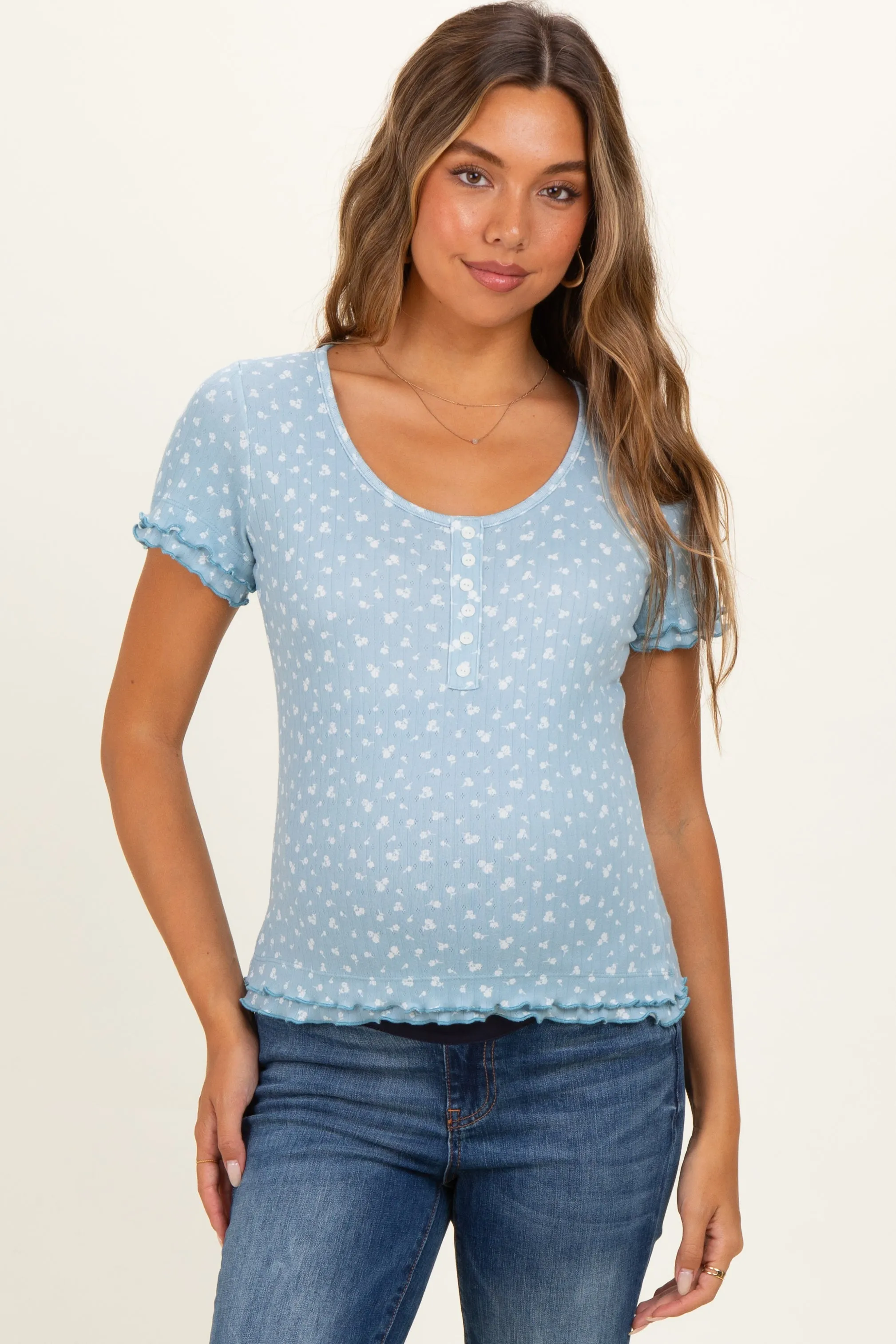 Blue Floral Ruffle Trim Maternity Henley Top sold by Pinkblush product image thumbnail 2