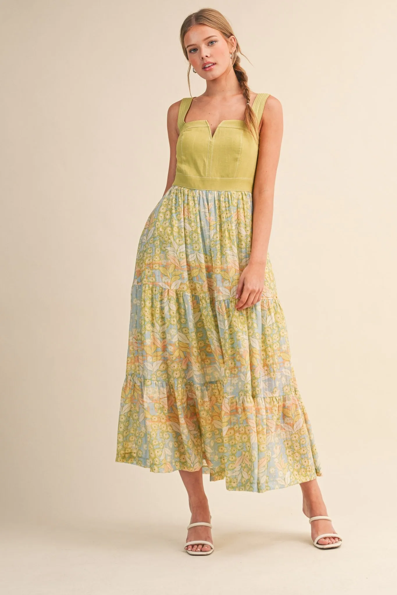 Lime Colorblock Floral Tiered Maternity Midi Dress sold by Pinkblush product image thumbnail 4