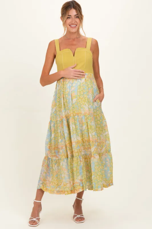 Lime Colorblock Floral Tiered Maternity Midi Dress made by Merci