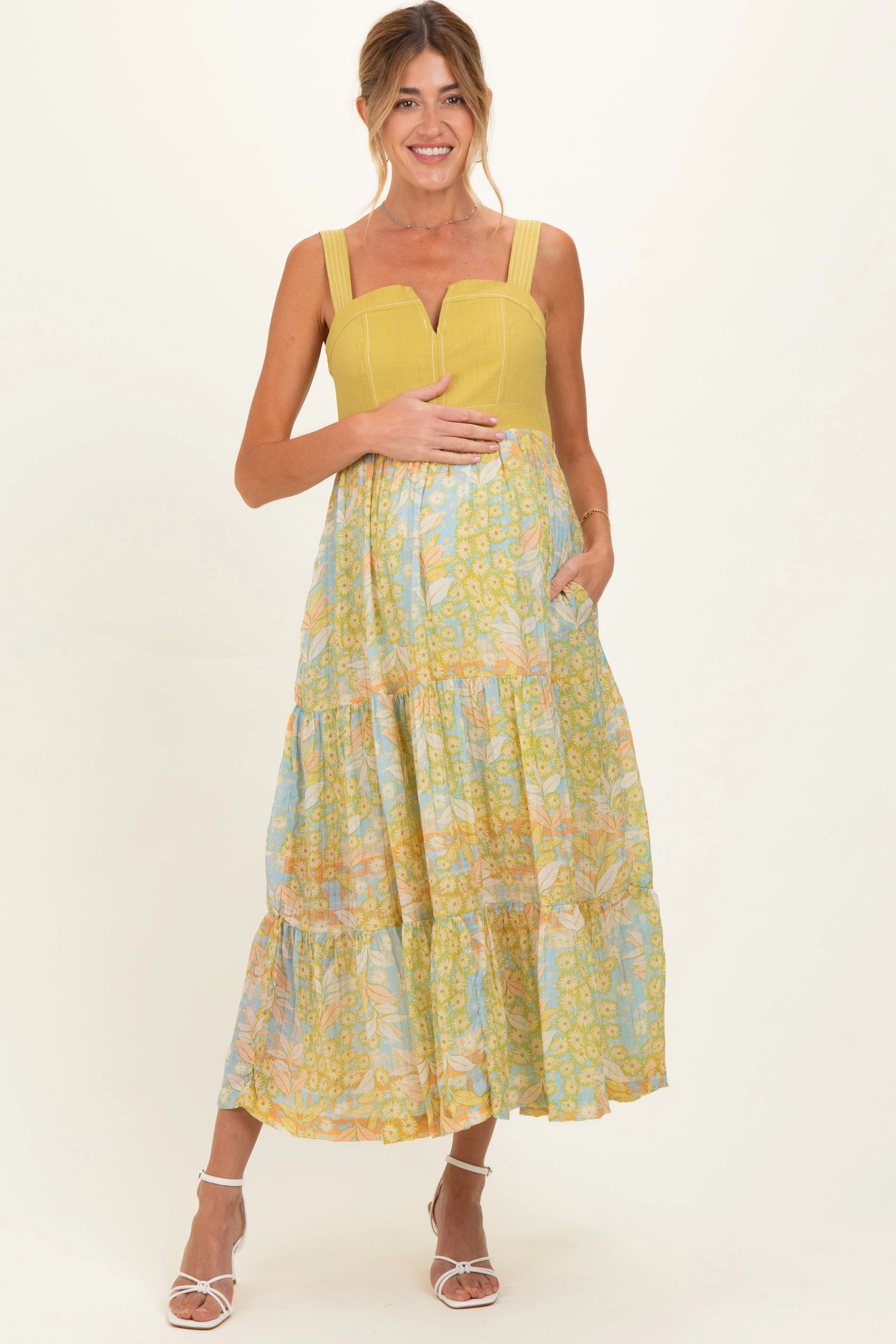 Lime Colorblock Floral Tiered Maternity Midi Dress sold by Pinkblush