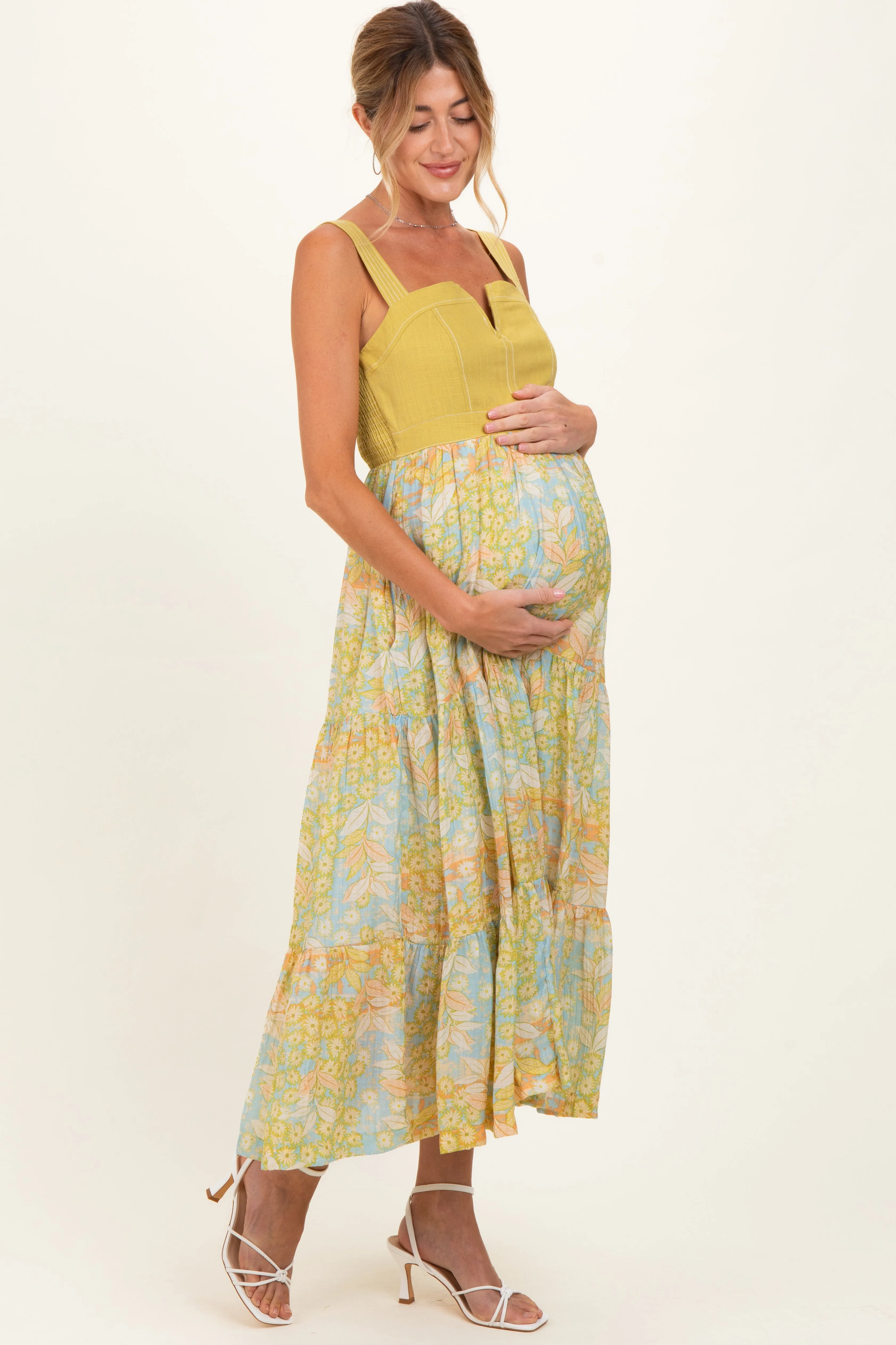 Lime Colorblock Floral Tiered Maternity Midi Dress sold by Pinkblush product image thumbnail 2