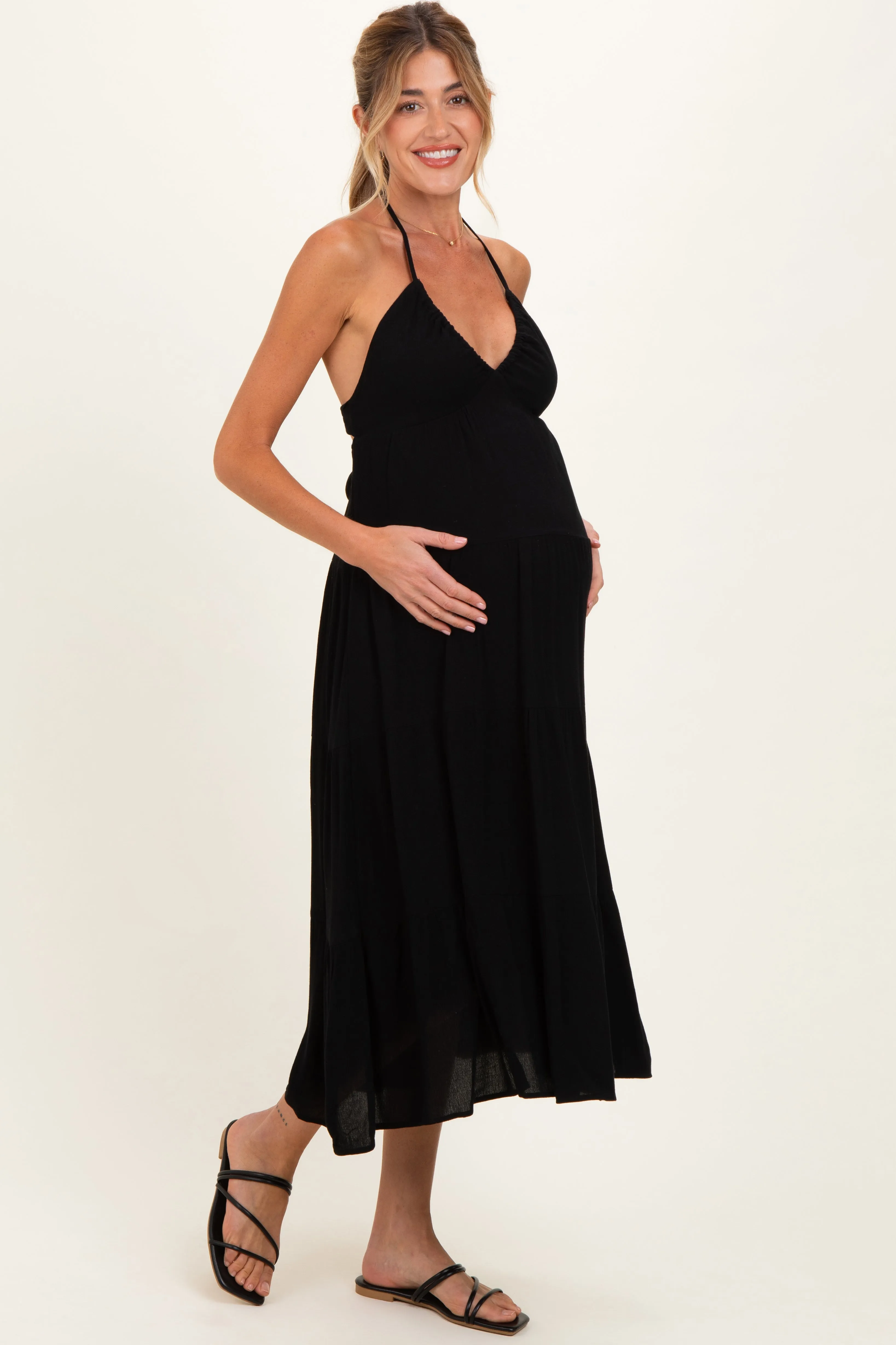 Black Halter Cutout Maternity Midi Dress sold by Pinkblush product image thumbnail 2