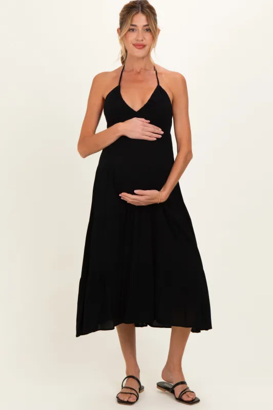 Black Halter Cutout Maternity Midi Dress made by Timing