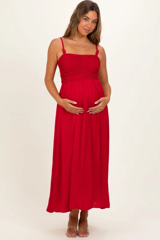 Red Textured Smocked Maternity Maxi Dress made by Naked Zebra