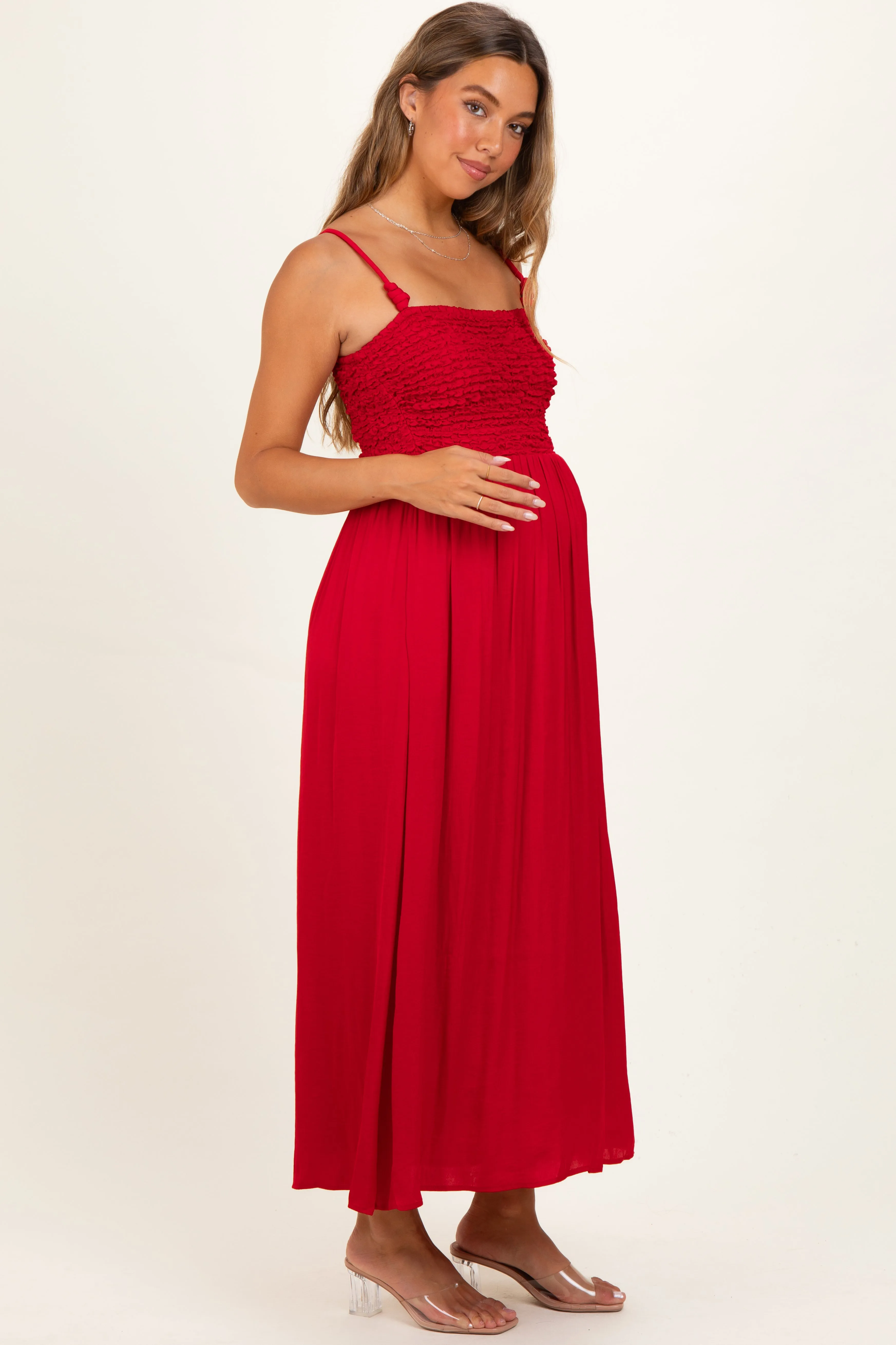 Red Textured Smocked Maternity Maxi Dress sold by Pinkblush product image thumbnail 2