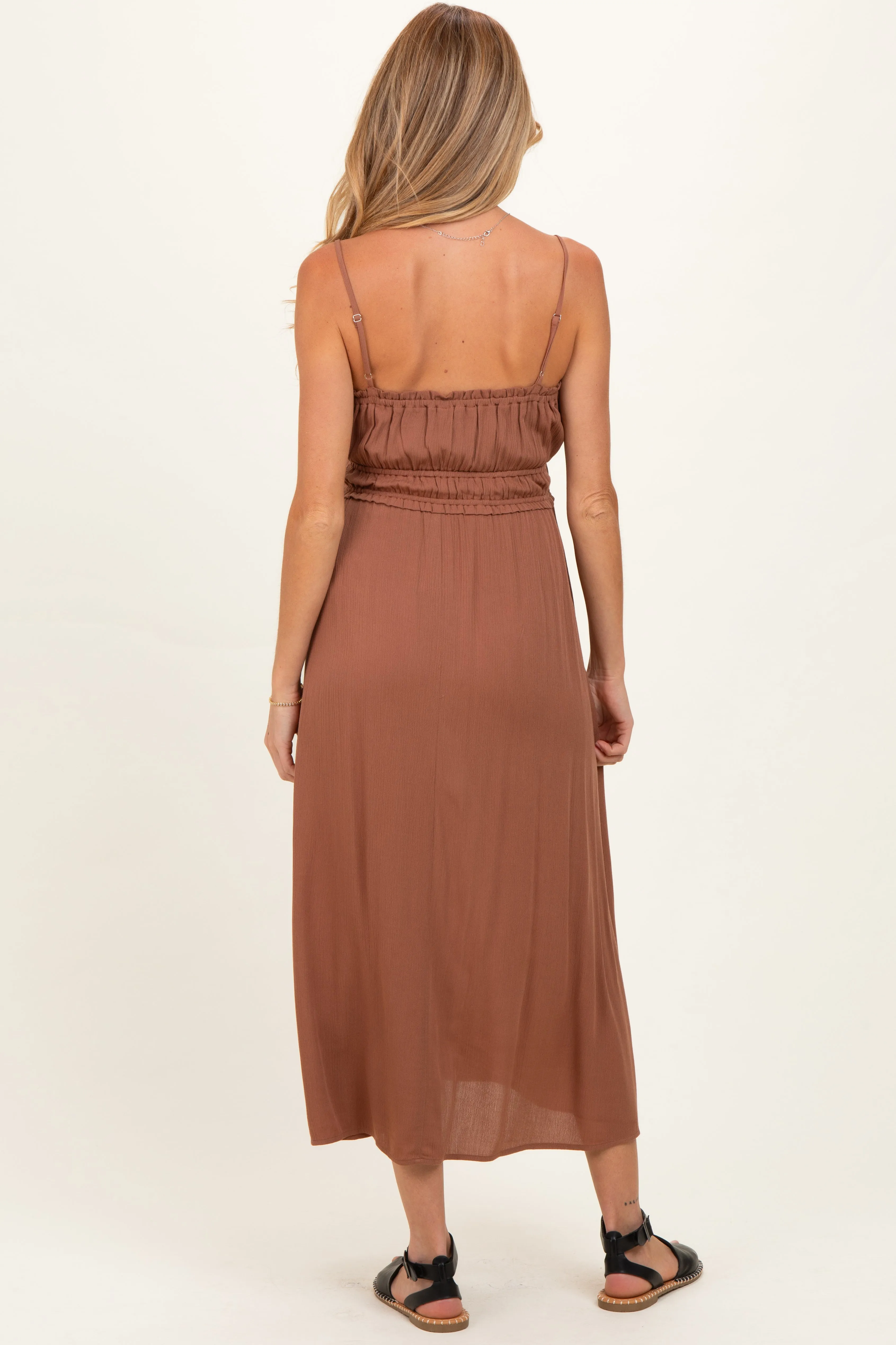 Brown Solid Smocked Maternity Maxi Dress sold by Pinkblush product image thumbnail 3