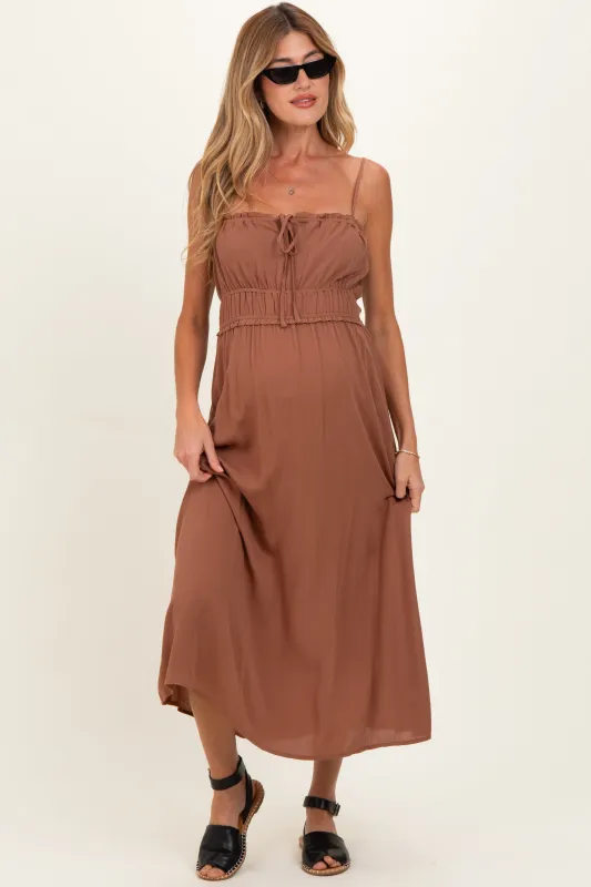 Brown Solid Smocked Maternity Maxi Dress made by Final Touch