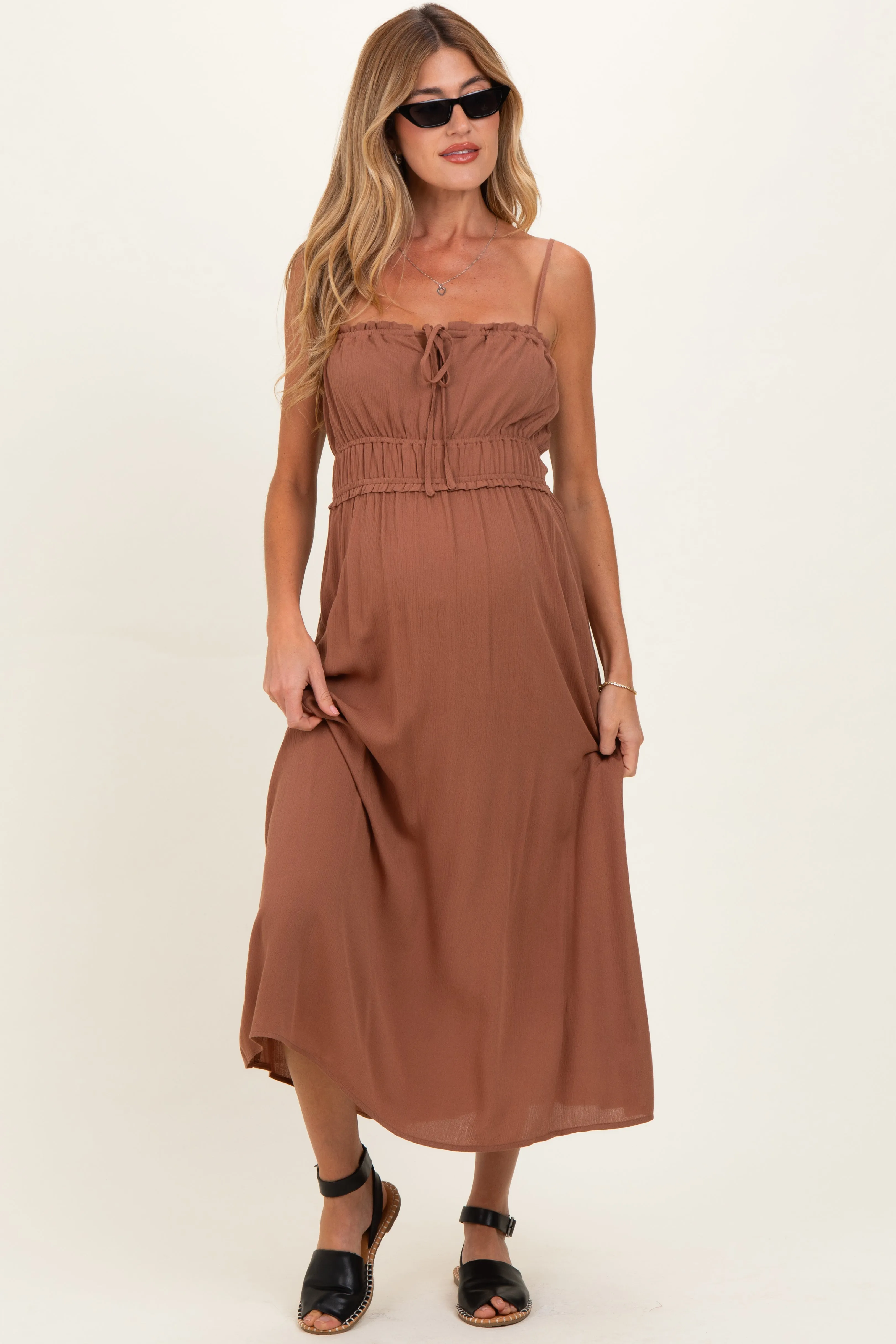 Brown Solid Smocked Maternity Maxi Dress sold by Pinkblush