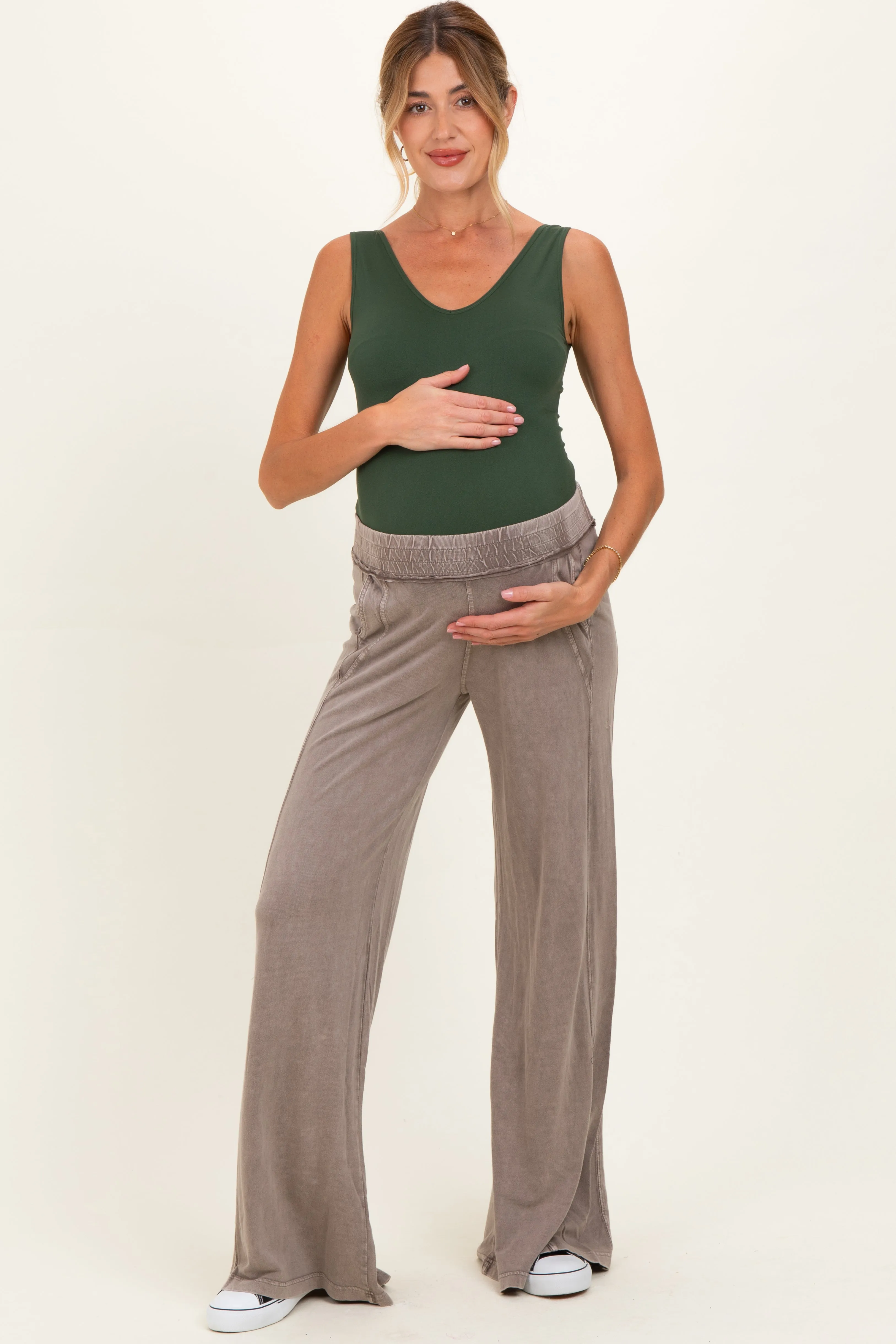 Coffee Mineral Wash Wide Leg Maternity Pants sold by Pinkblush