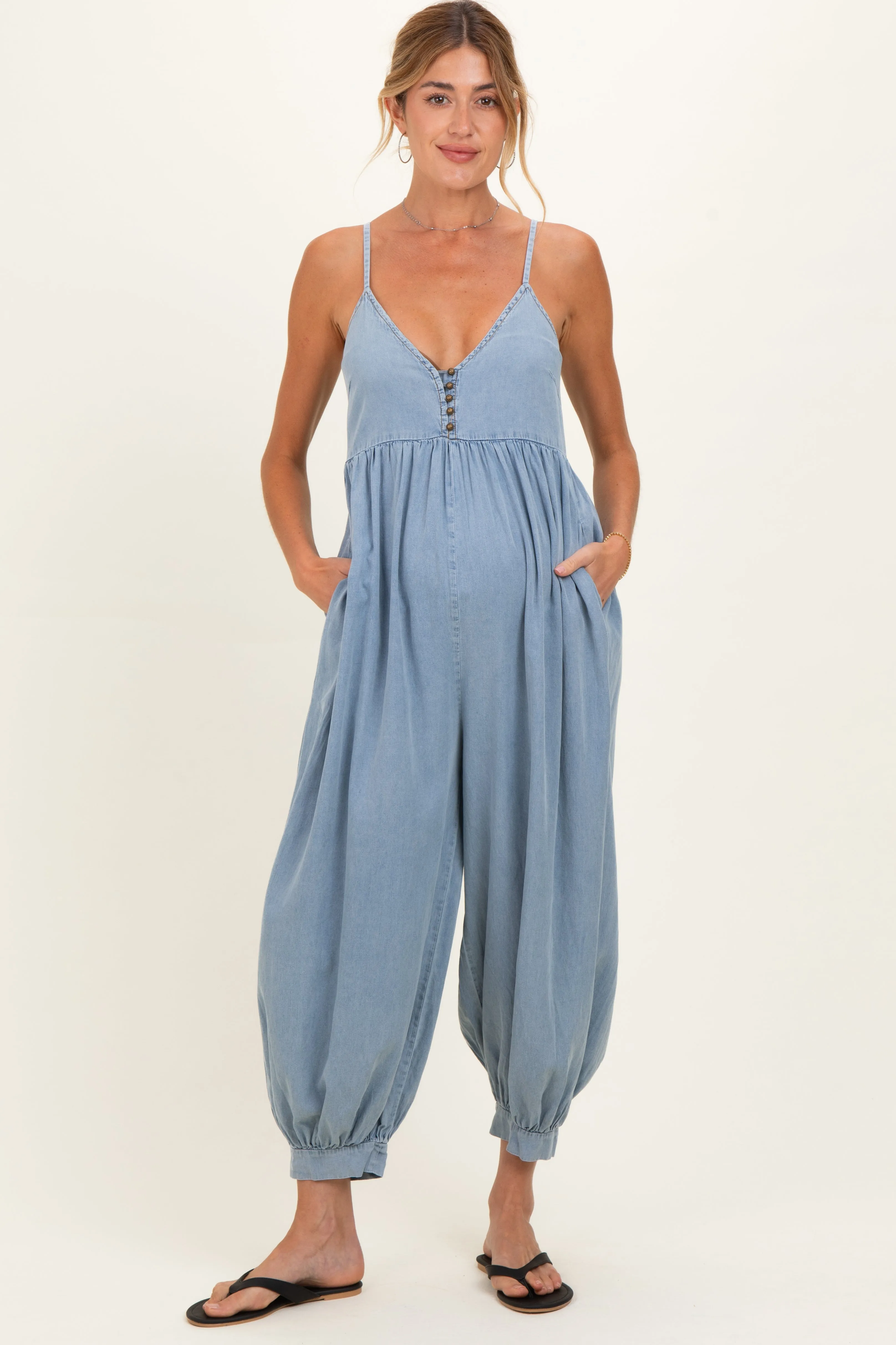 Denim Blue Sleeveless Button Down Maternity Jumpsuit sold by Pinkblush