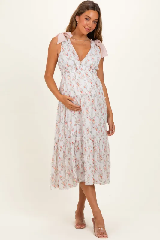 White Floral Shoulder Tie Deep V-Neck Tiered Maternity Maxi Dress made by Storia