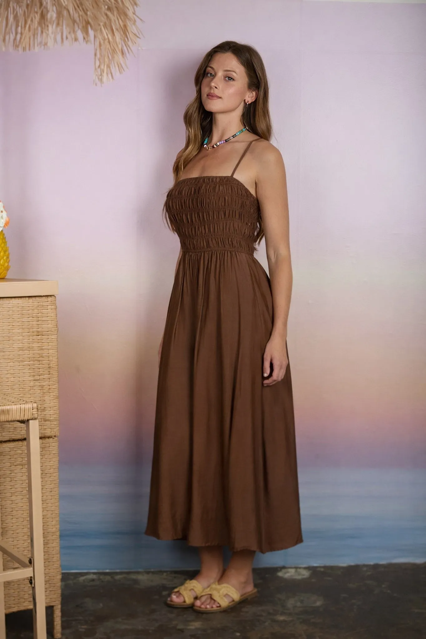 Brown Smocked Thin Strap Midi Dress sold by Pinkblush product image thumbnail 2