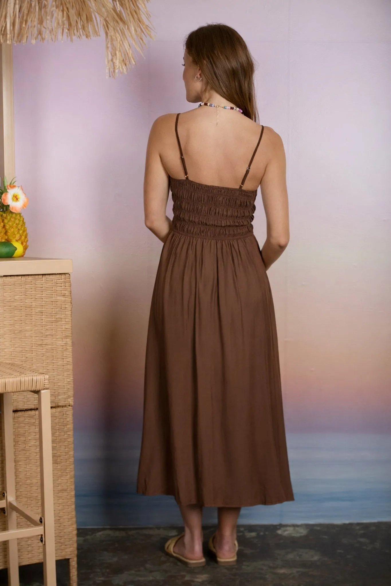 Brown Smocked Thin Strap Midi Dress sold by Pinkblush product image thumbnail 3