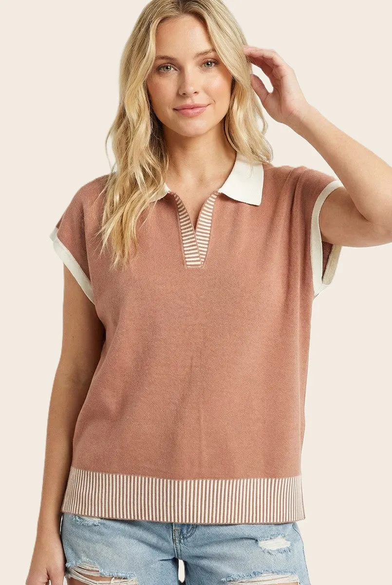 Rust Stripe Trim Collared Top sold by Pinkblush