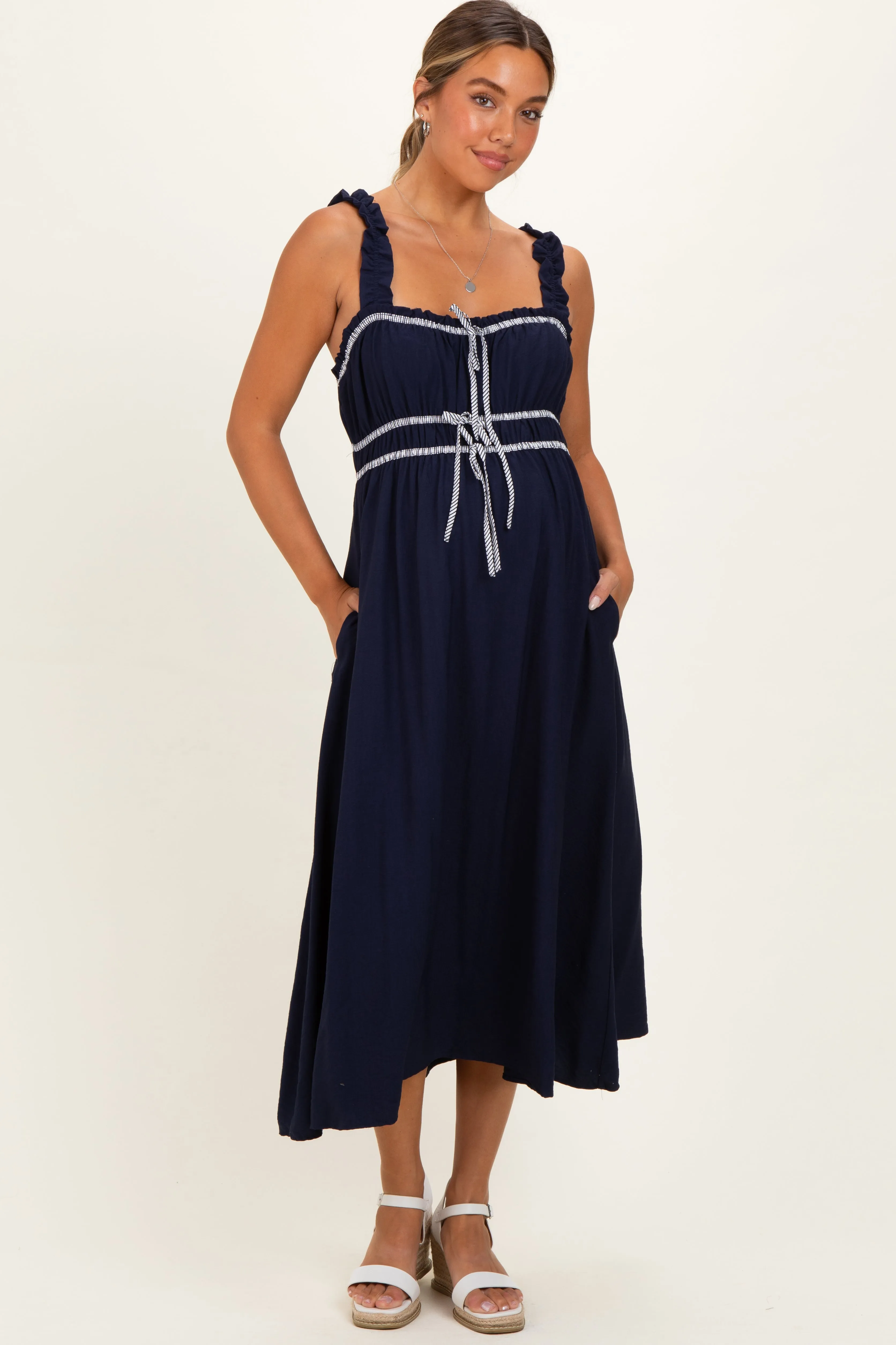 Navy Front Tie Sleeveless Maternity Midi Dress sold by Pinkblush