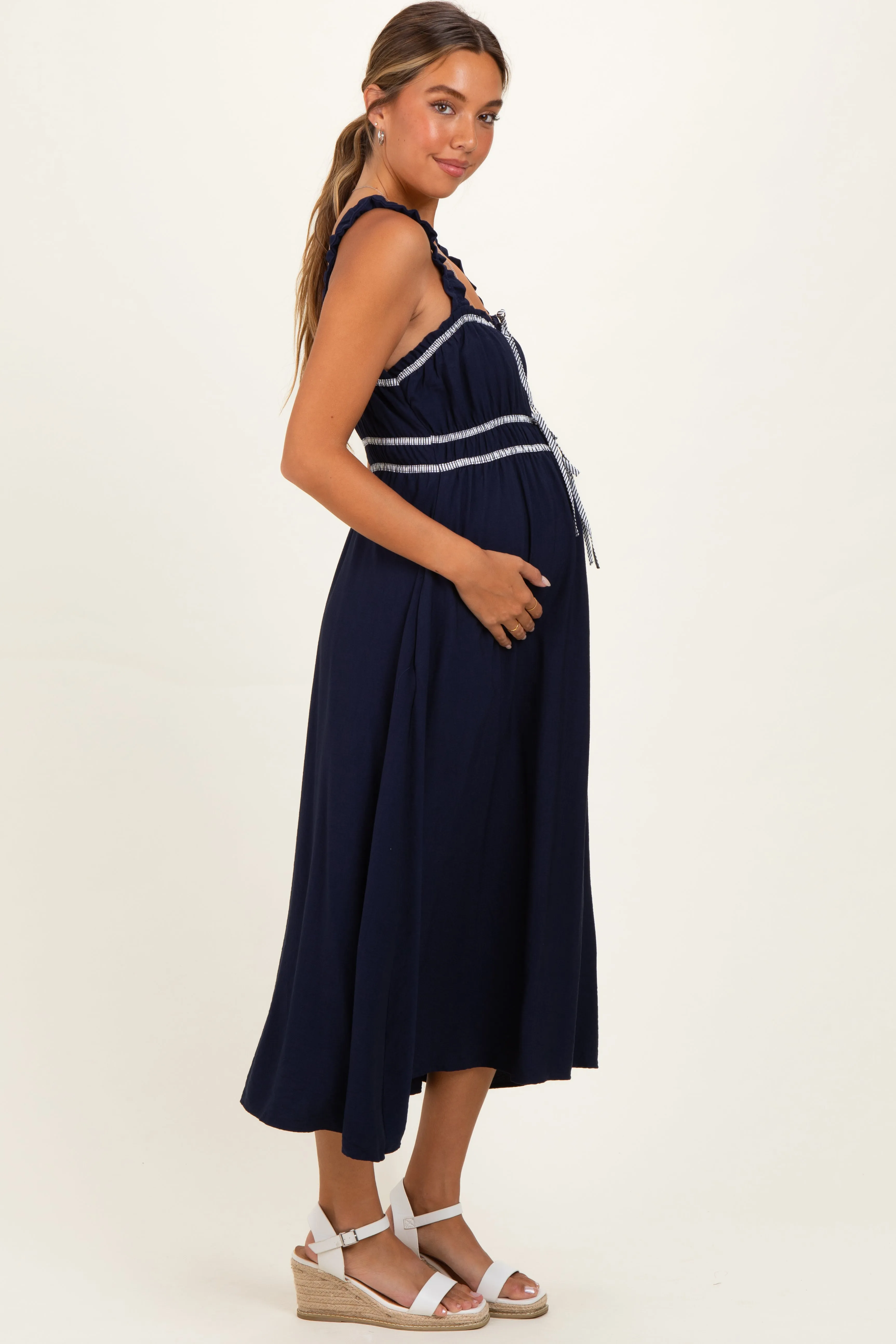 Navy Front Tie Sleeveless Maternity Midi Dress sold by Pinkblush product image thumbnail 2