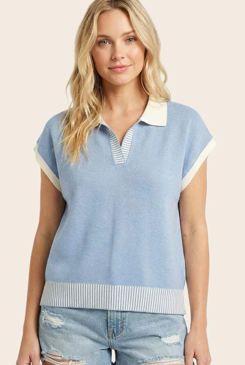Light Blue Stripe Trim Collared Top sold by Pinkblush