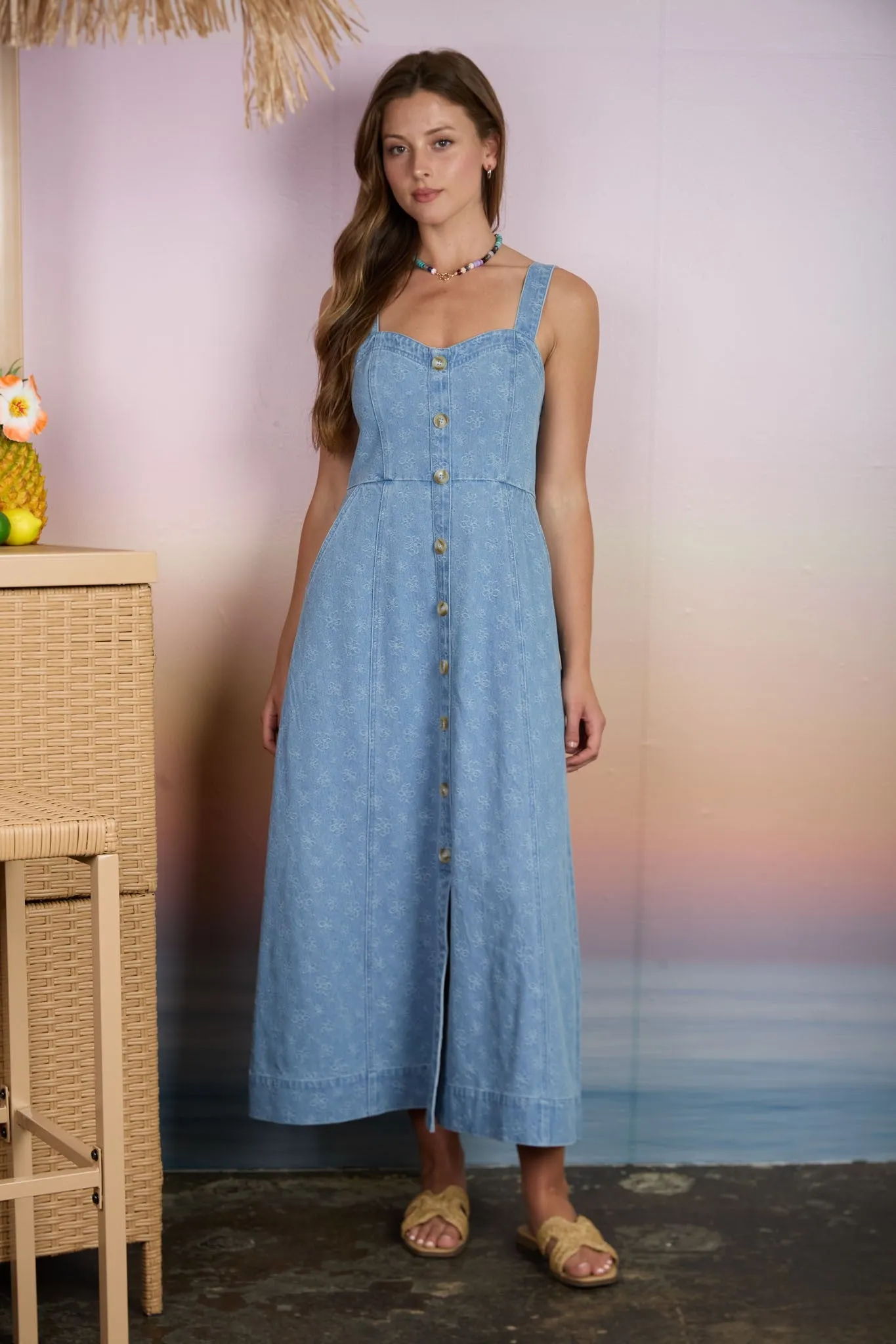 Light Denim Floral Button Down Midi Dress sold by Pinkblush
