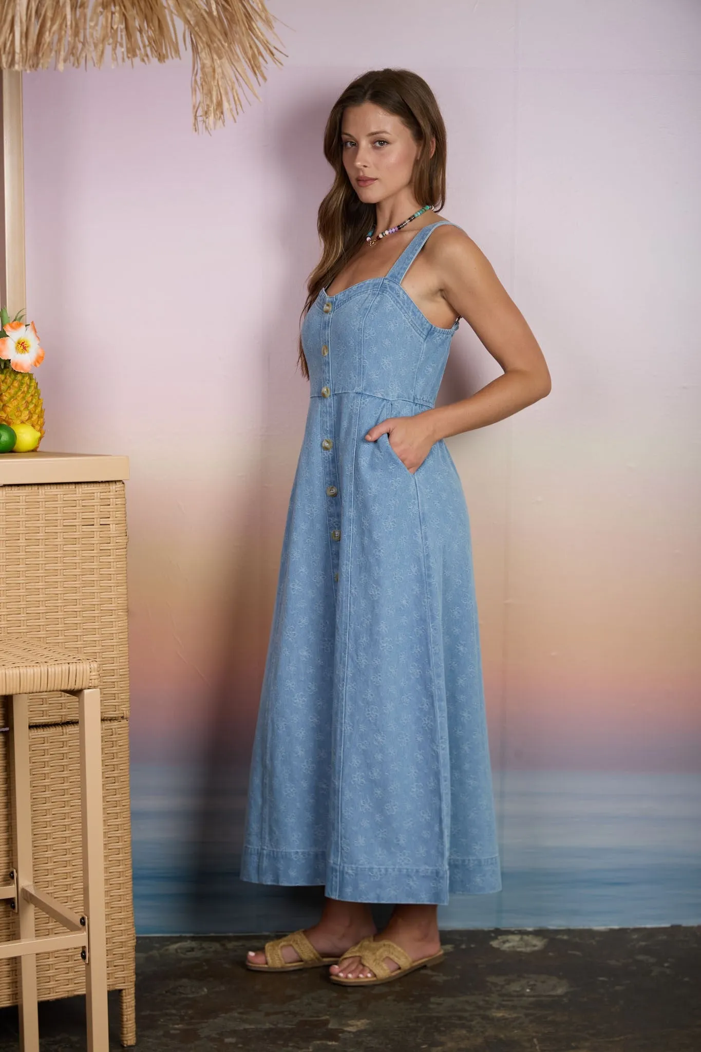 Light Denim Floral Button Down Midi Dress sold by Pinkblush product image thumbnail 2