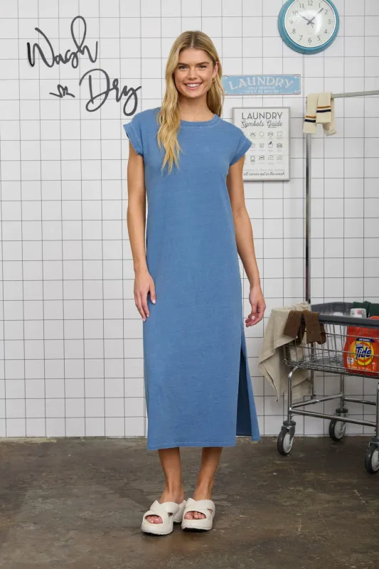 Blue Side Slit Midi T-Shirt Dress made by Blu Pepper