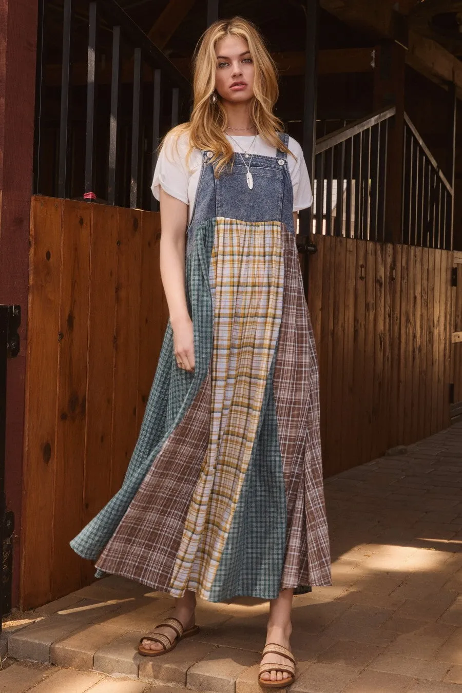Denim Plaid Colorblock Overall Maternity Dress sold by Pinkblush product image thumbnail 4