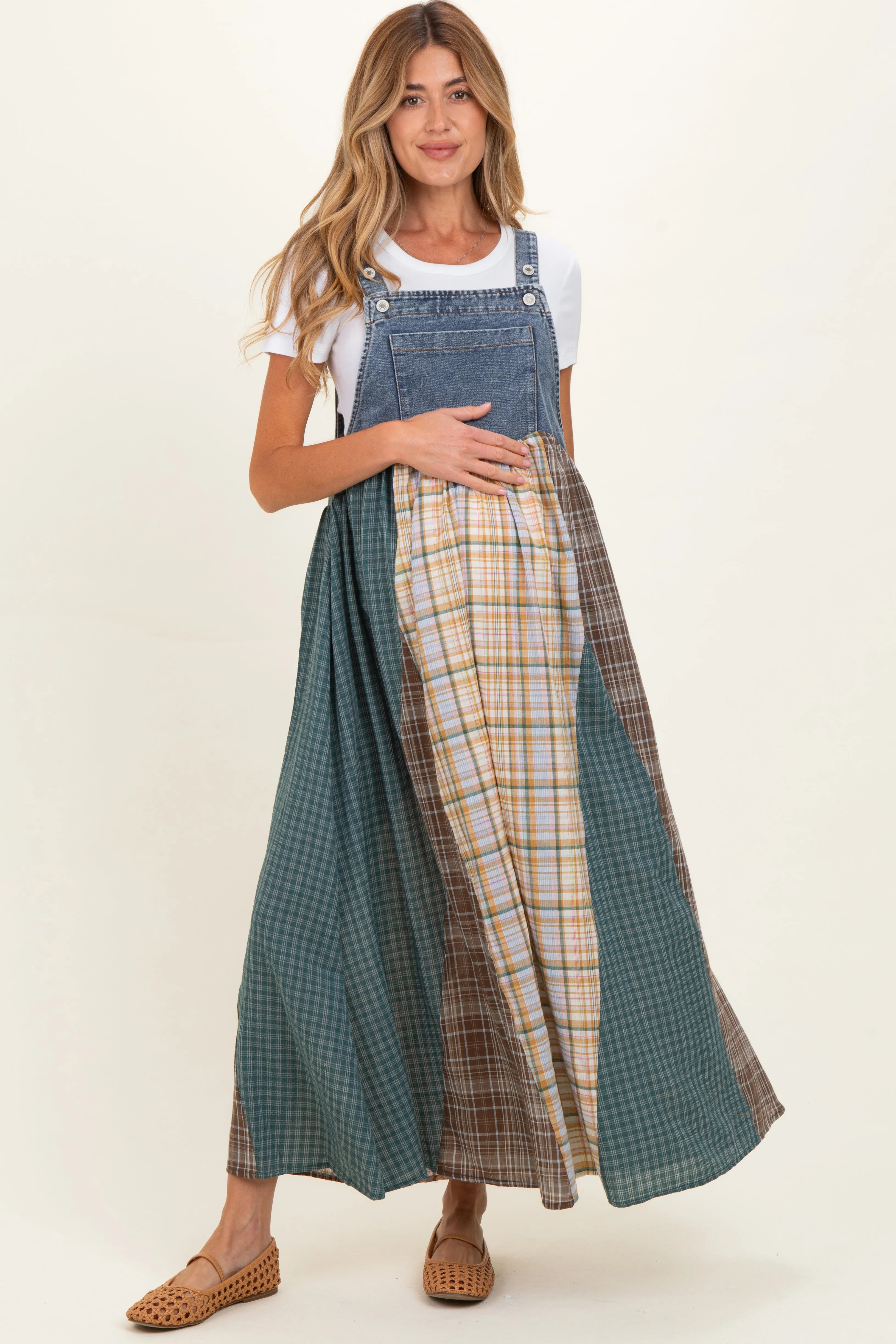 Denim Plaid Colorblock Overall Maternity Dress sold by Pinkblush