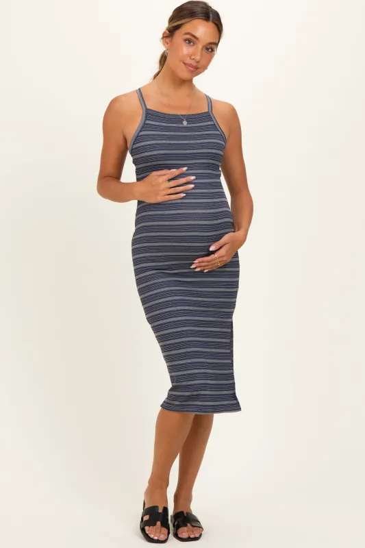 Heather Grey Navy Striped Crisscross Back Maternity Dress made by Pinkblush