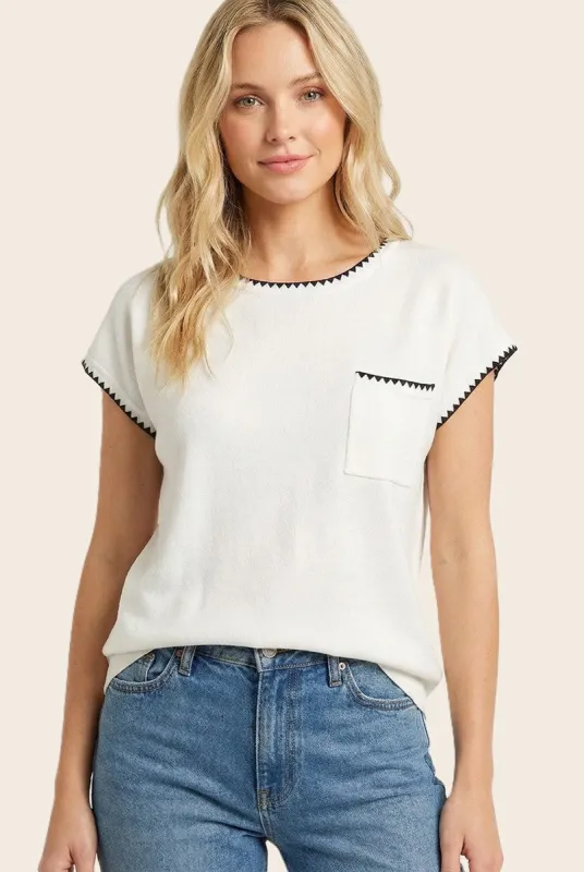 White Contrast Stitch Knit Top made by Staccato