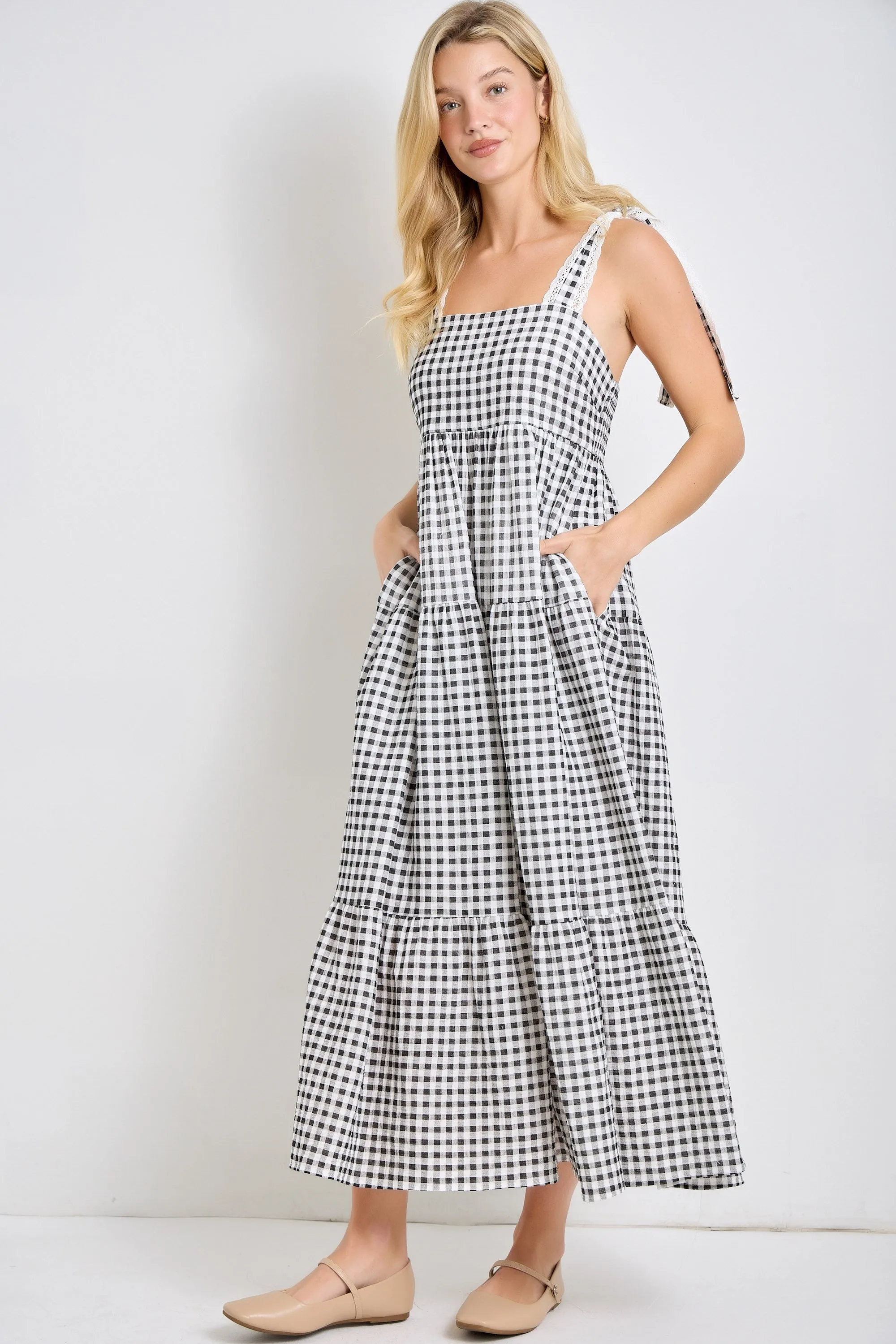 Black Gingham Lace Trim Shoulder Tie Maxi Dress sold by Pinkblush product image thumbnail 2