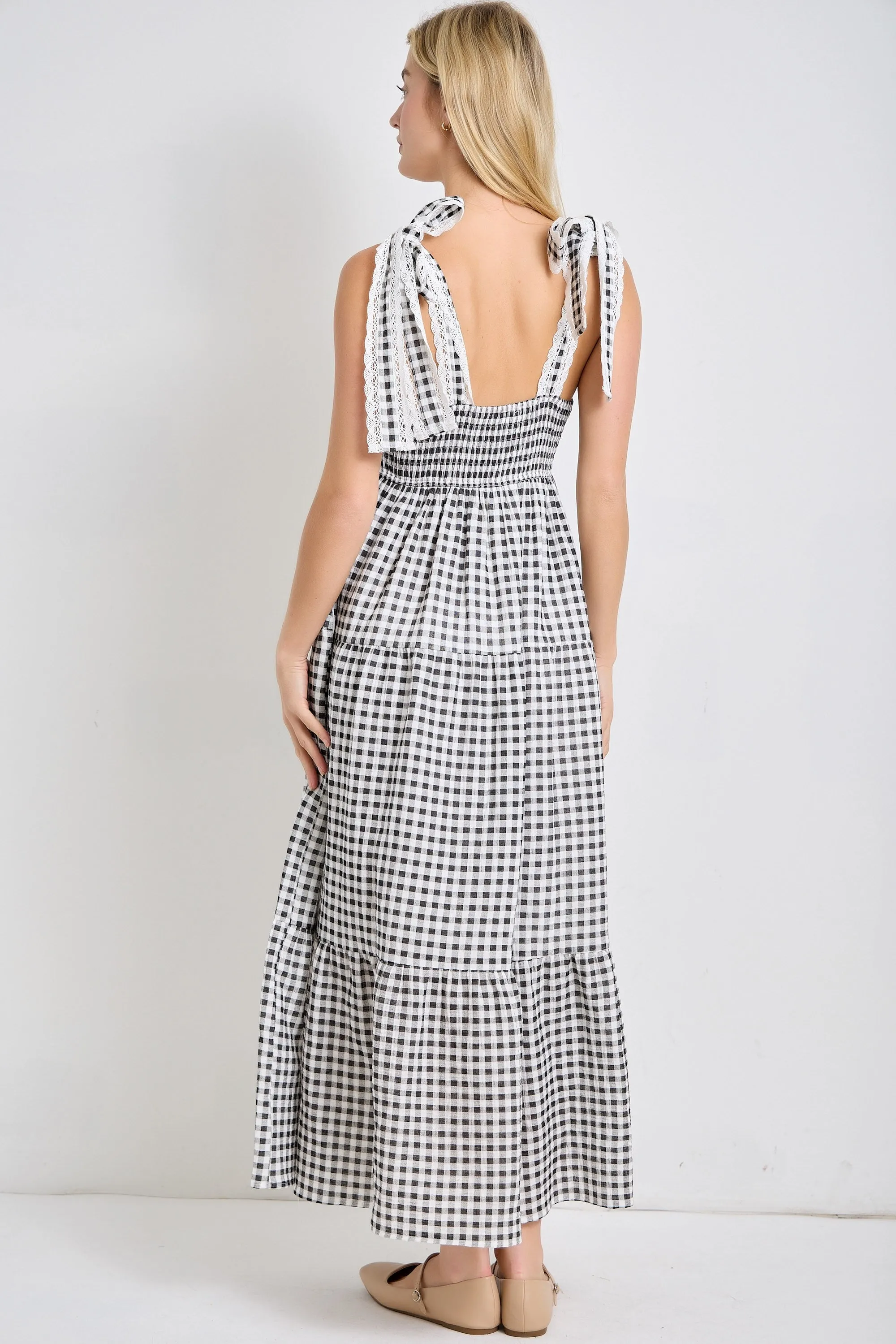 Black Gingham Lace Trim Shoulder Tie Maxi Dress sold by Pinkblush product image thumbnail 3