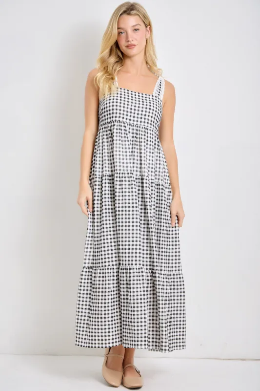 Black Gingham Lace Trim Shoulder Tie Maxi Dress made by BaeVely