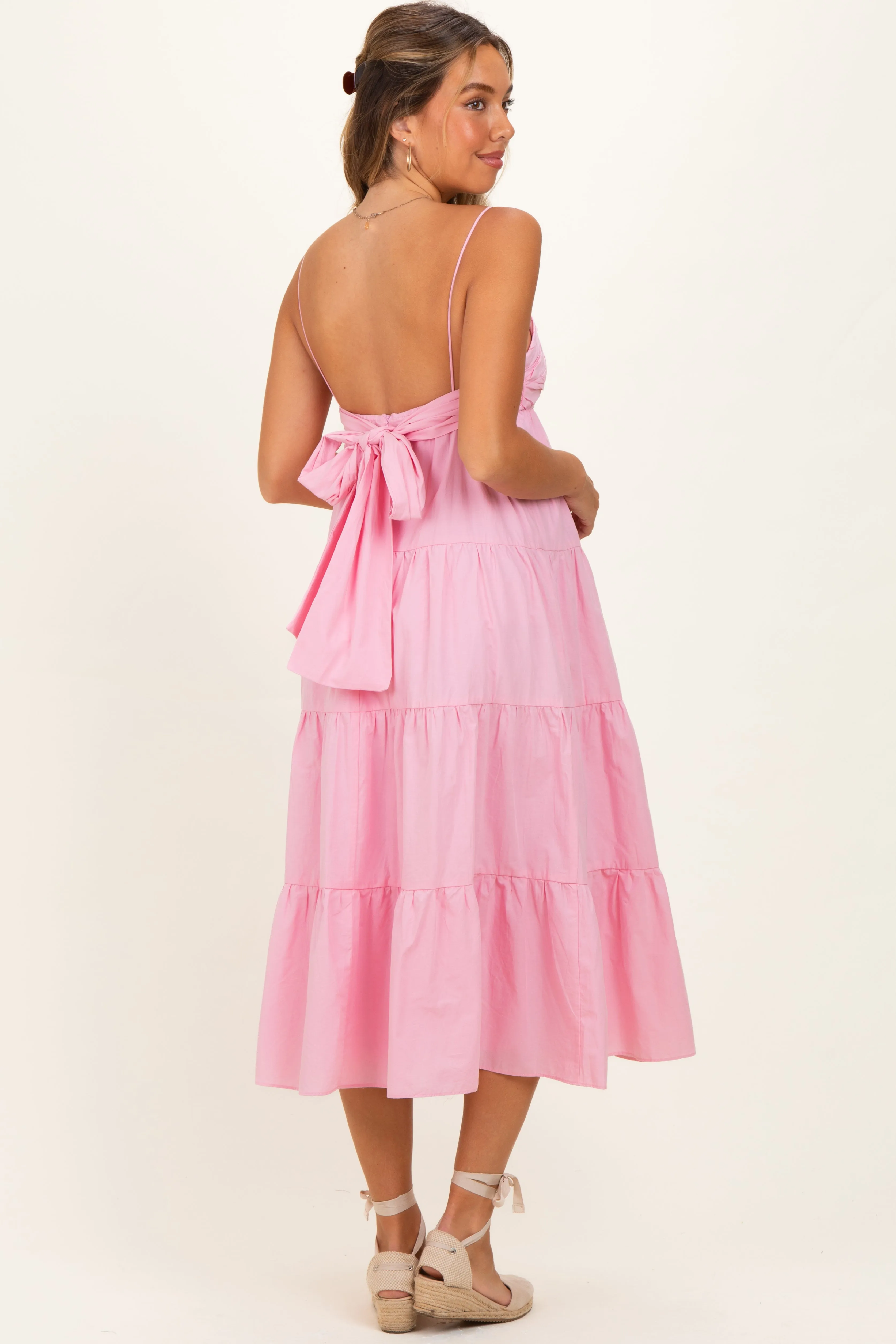 Light Pink Tiered Bow Detail Maternity Midi Dress sold by Pinkblush product image thumbnail 4