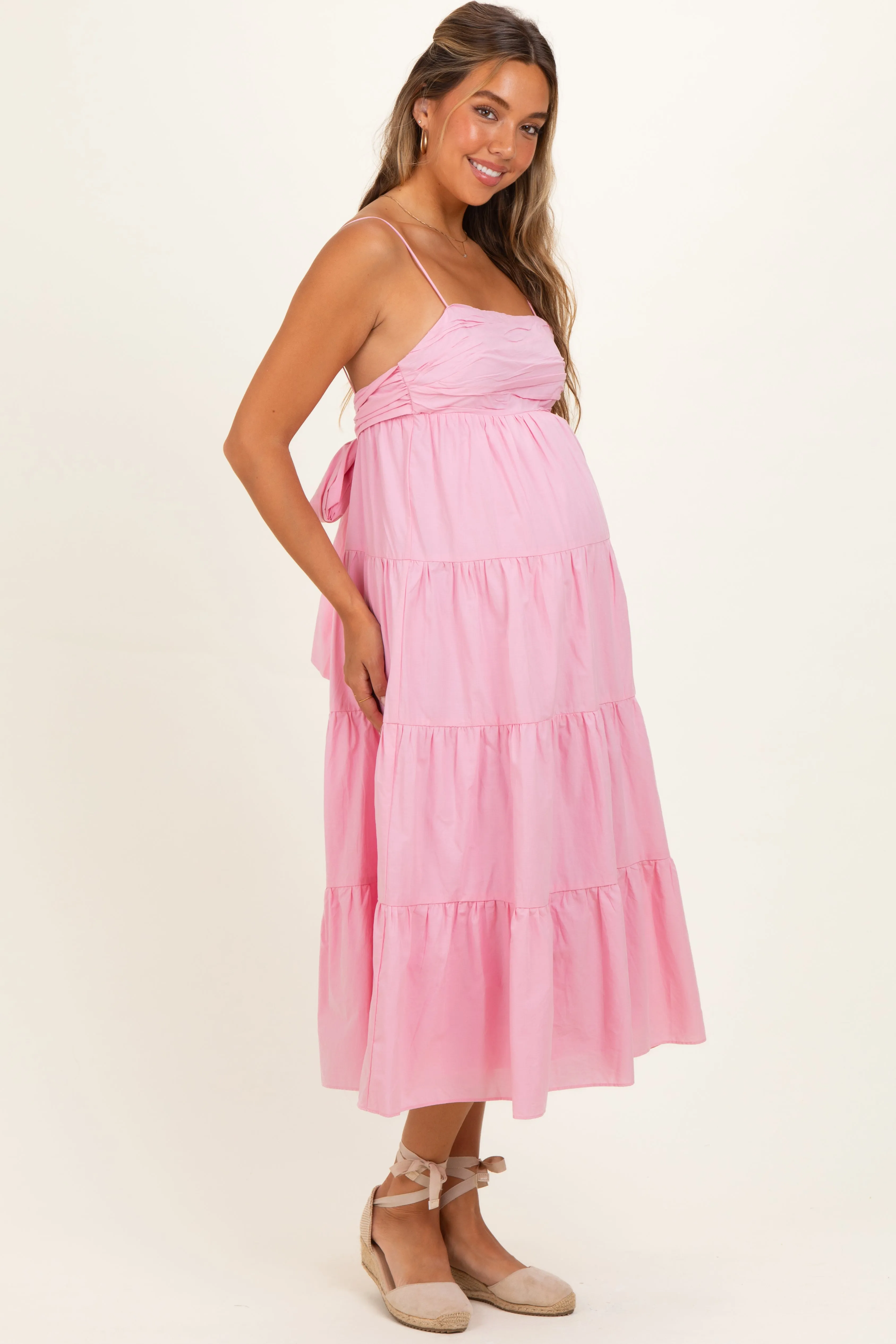 Light Pink Tiered Bow Detail Maternity Midi Dress sold by Pinkblush product image thumbnail 2
