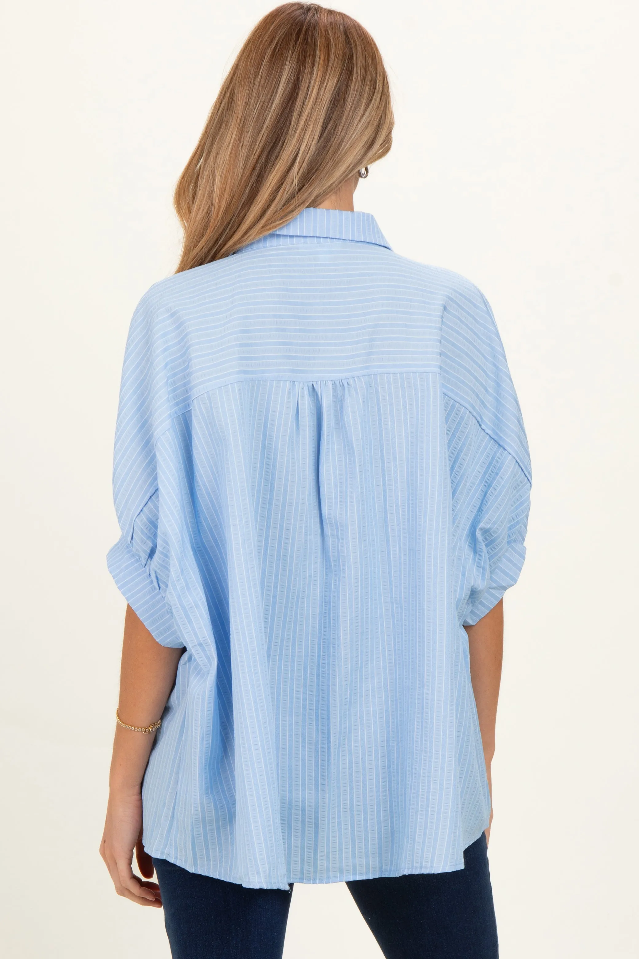 Blue Button Down Textured Stripe Oversized Maternity Shirt sold by Pinkblush product image thumbnail 2