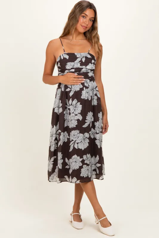 Brown Floral Tie Back Maternity Midi Dress made by Pinkblush