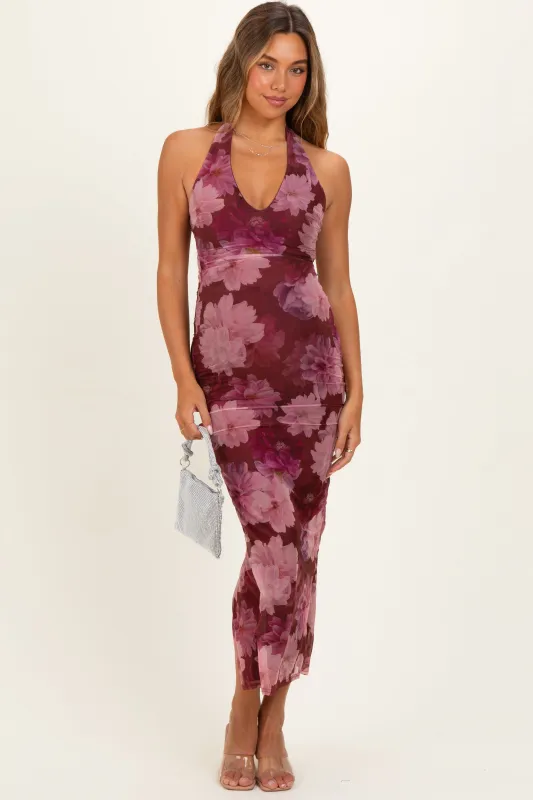 Mauve Mesh Print Halter Neck Maternity Maxi Dress made by privy