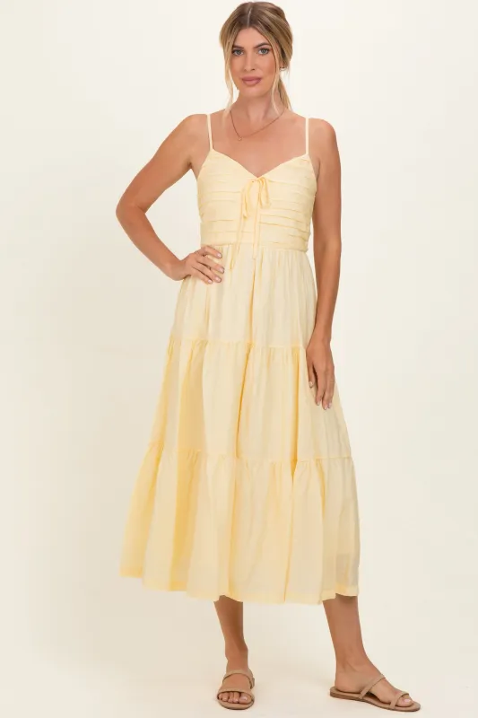 Butter Yellow Pleated Front Tie Sleeveless Midi Dress made by Pinkblush