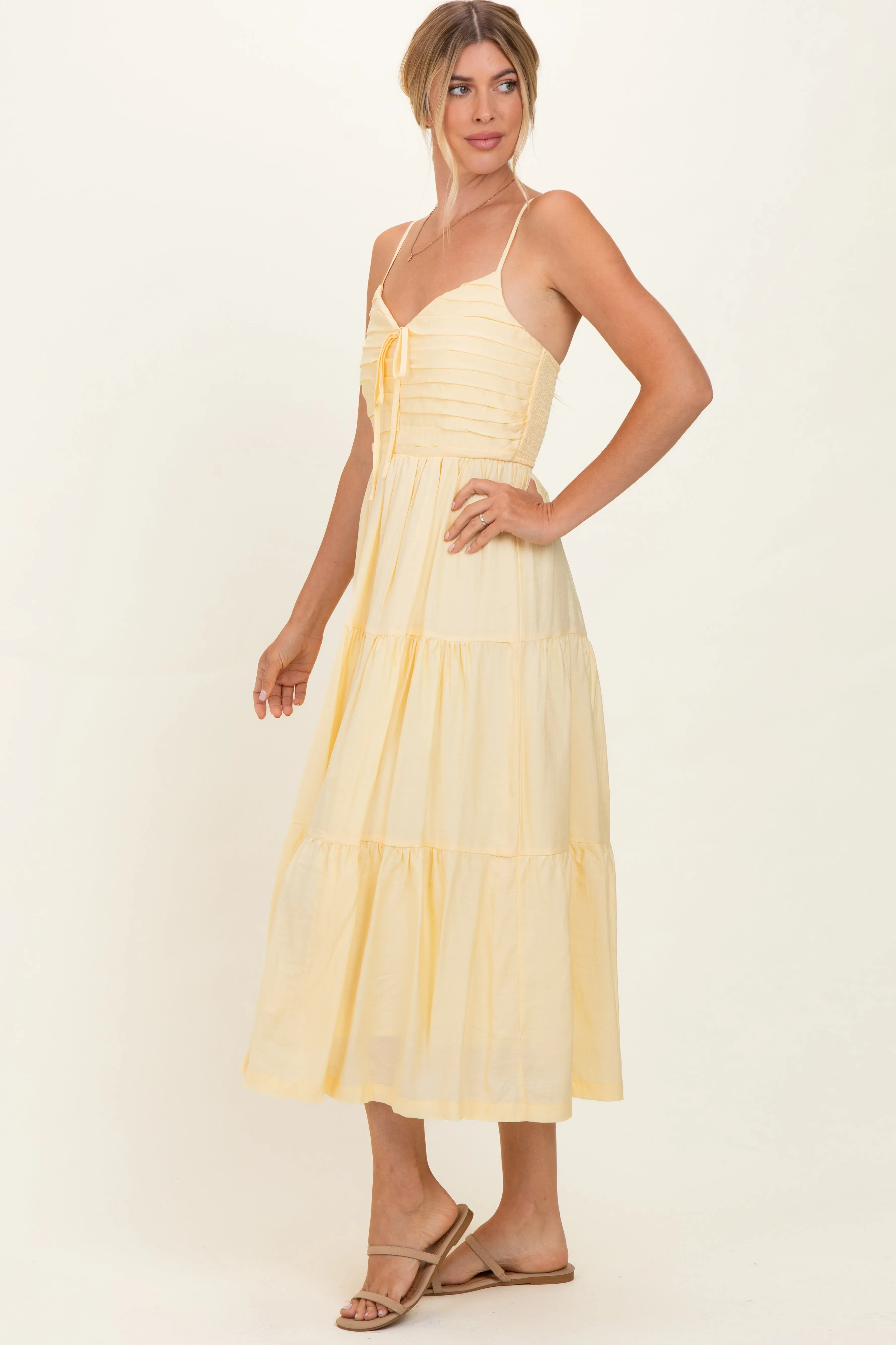 Butter Yellow Pleated Front Tie Sleeveless Midi Dress sold by Pinkblush product image thumbnail 2