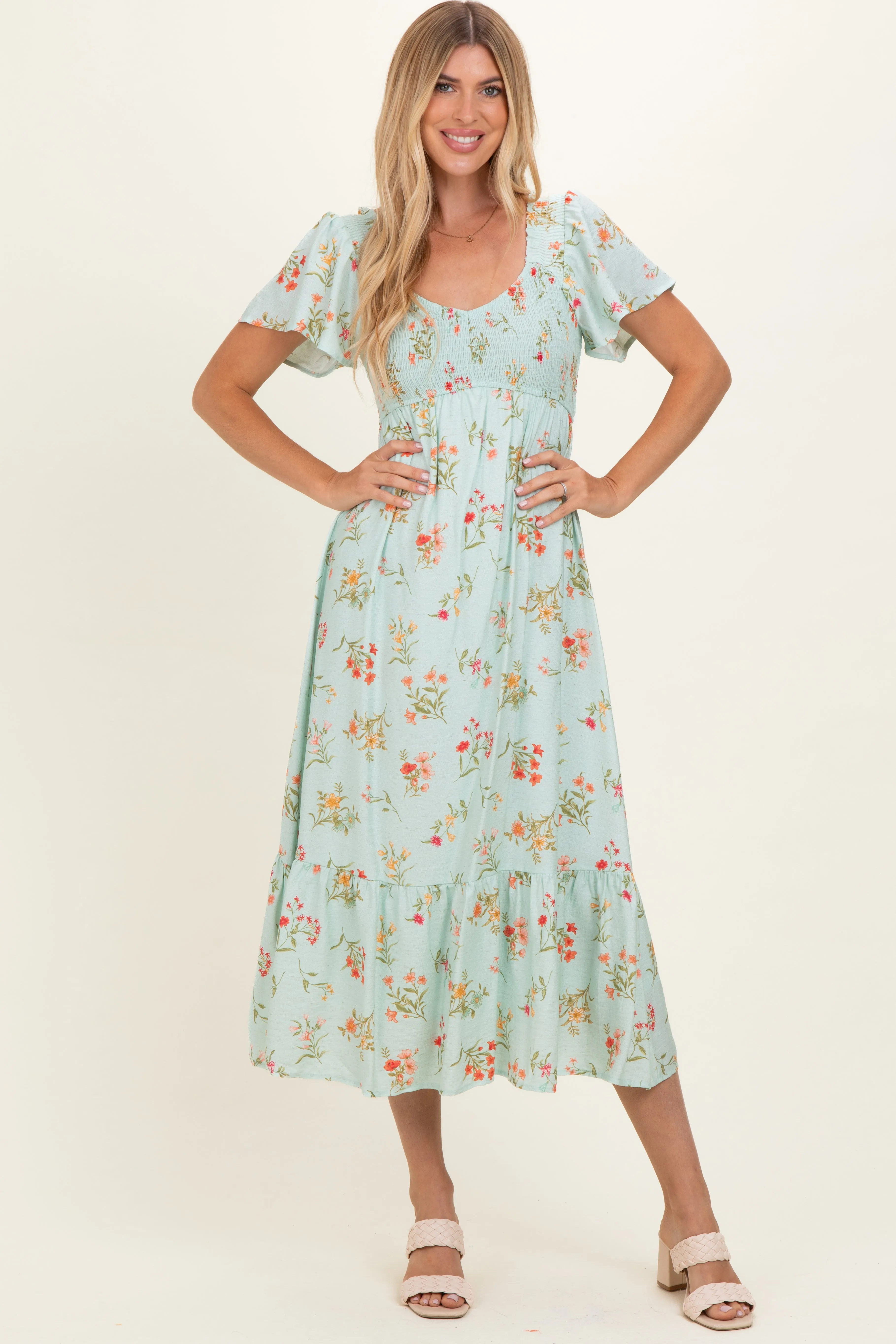 Sage Floral Flutter Sleeve Smocked Midi Dress sold by Pinkblush