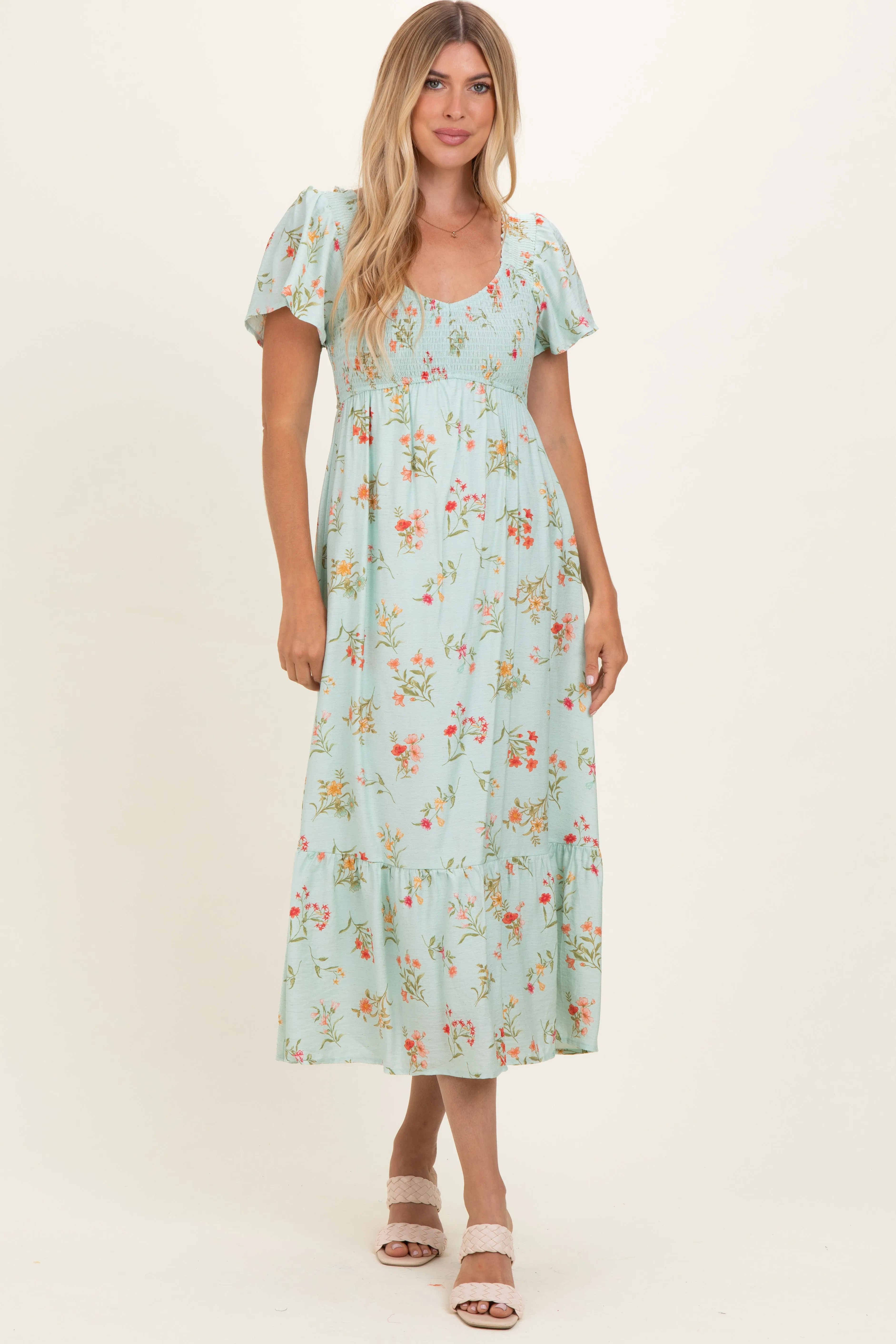 Sage Floral Flutter Sleeve Smocked Midi Dress sold by Pinkblush product image thumbnail 2