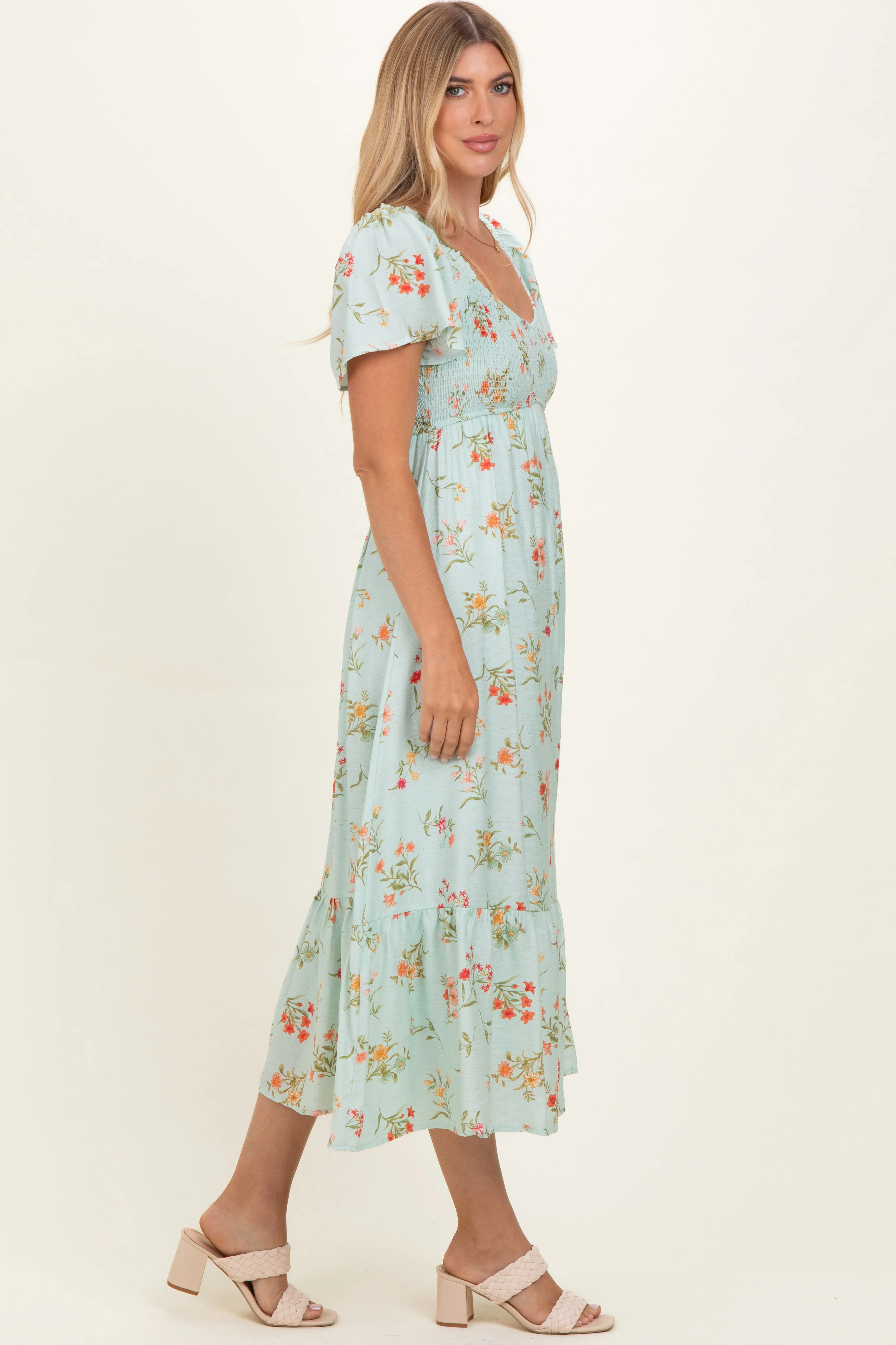 Sage Floral Flutter Sleeve Smocked Midi Dress sold by Pinkblush product image thumbnail 3