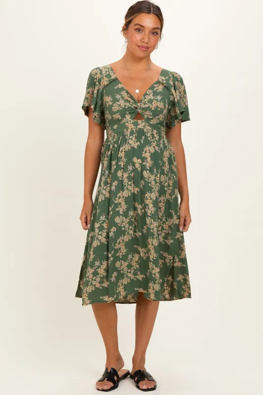 Olive Floral Short Sleeve V-Neck Twist Front Maternity Midi Dress made by Angie