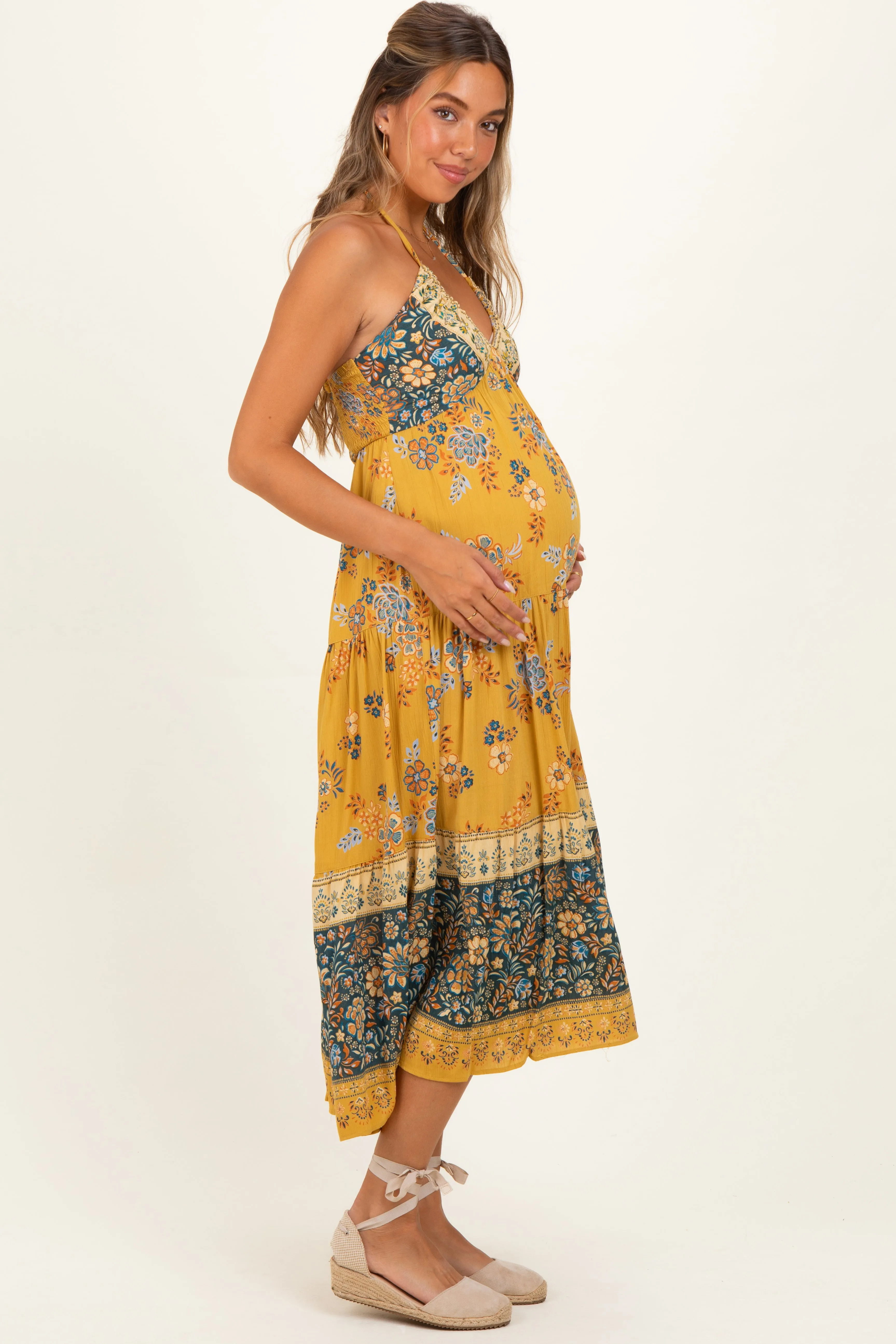 Yellow Mixed Print Halter Maternity Maxi Dress sold by Pinkblush product image thumbnail 2