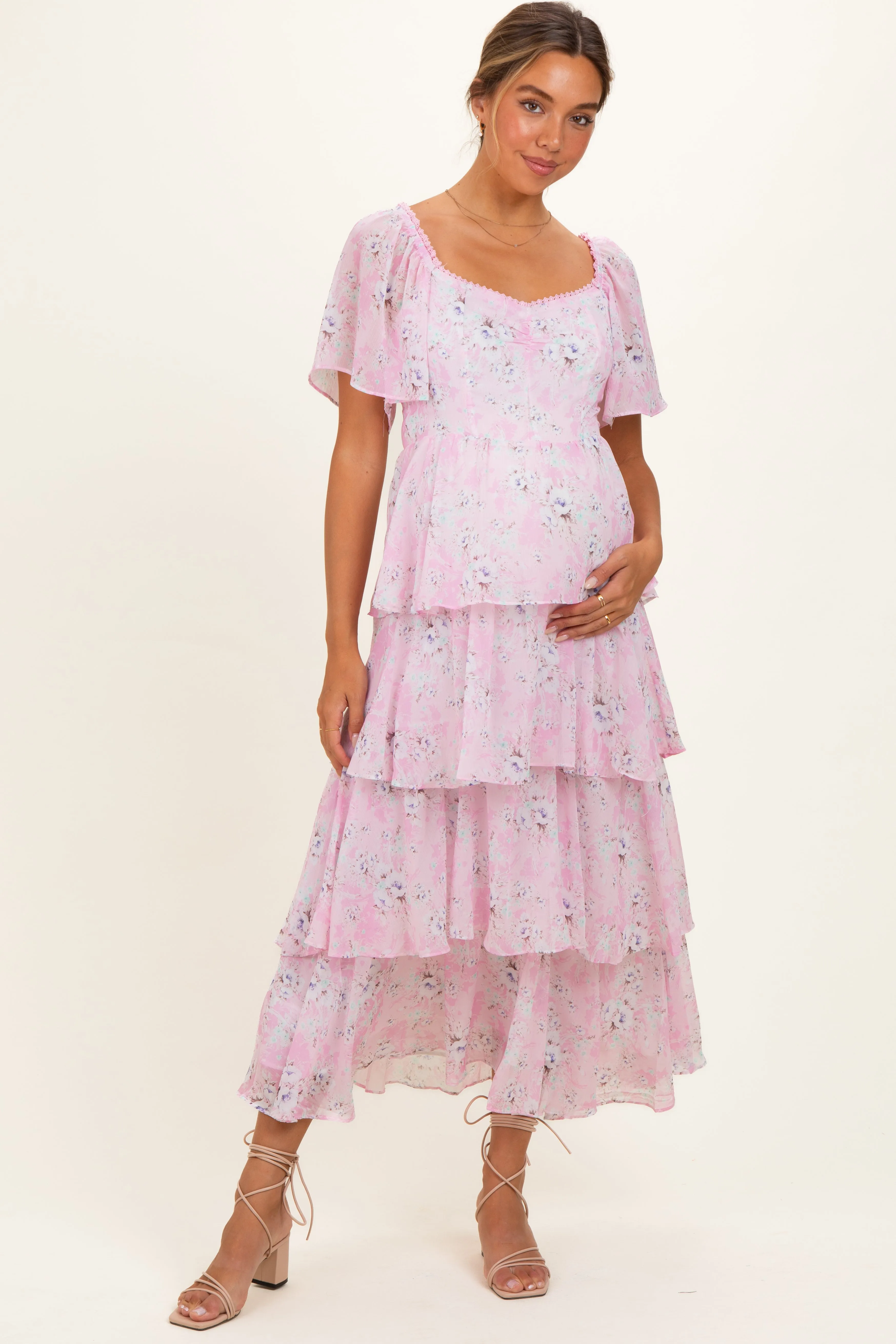Sweet Pink Floral Flounce Tiered Maternity Maxi Dress sold by Pinkblush