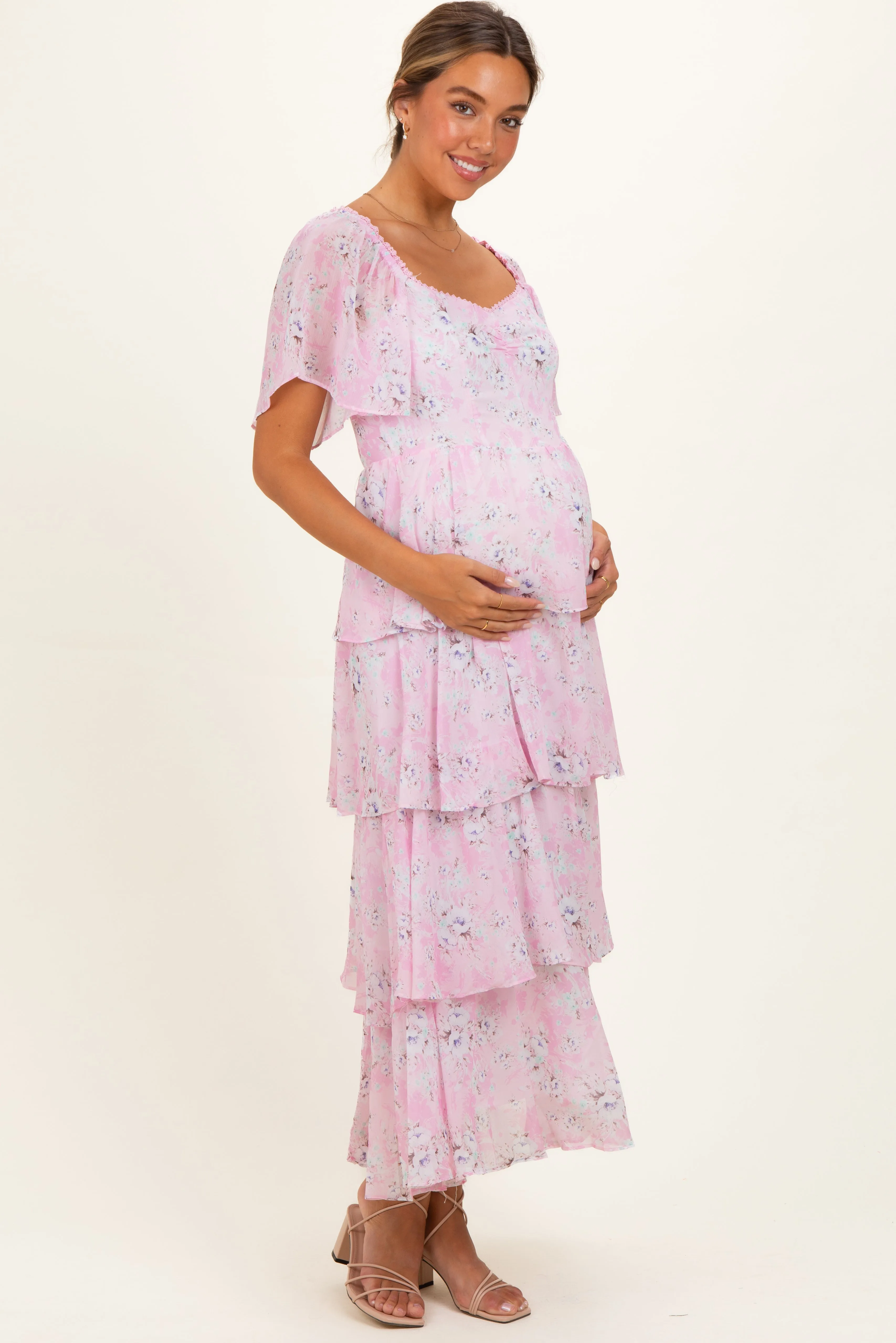 Sweet Pink Floral Flounce Tiered Maternity Maxi Dress sold by Pinkblush product image thumbnail 2