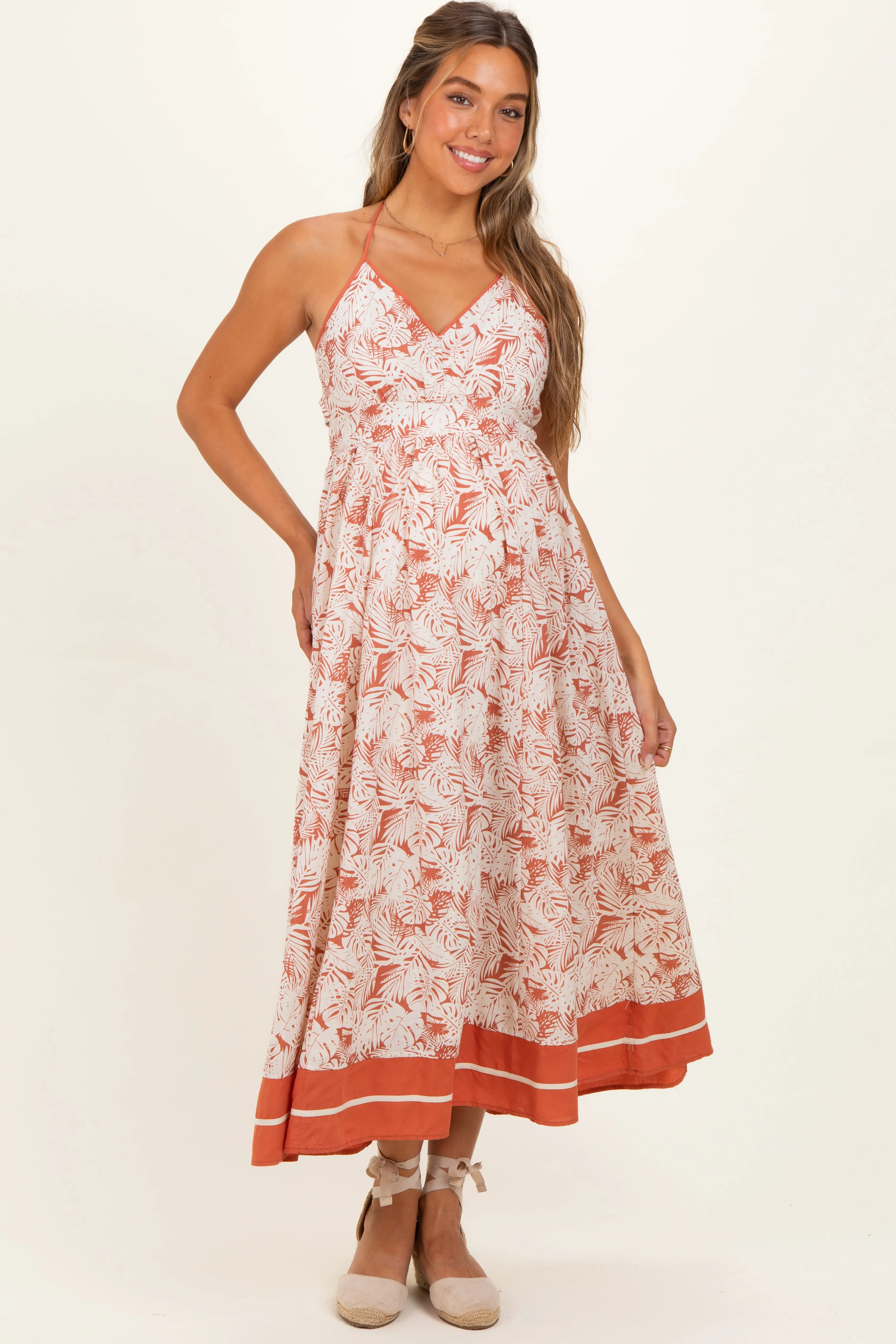 Terracotta Printed Cutout Tie Back Maternity Maxi Dress sold by Pinkblush