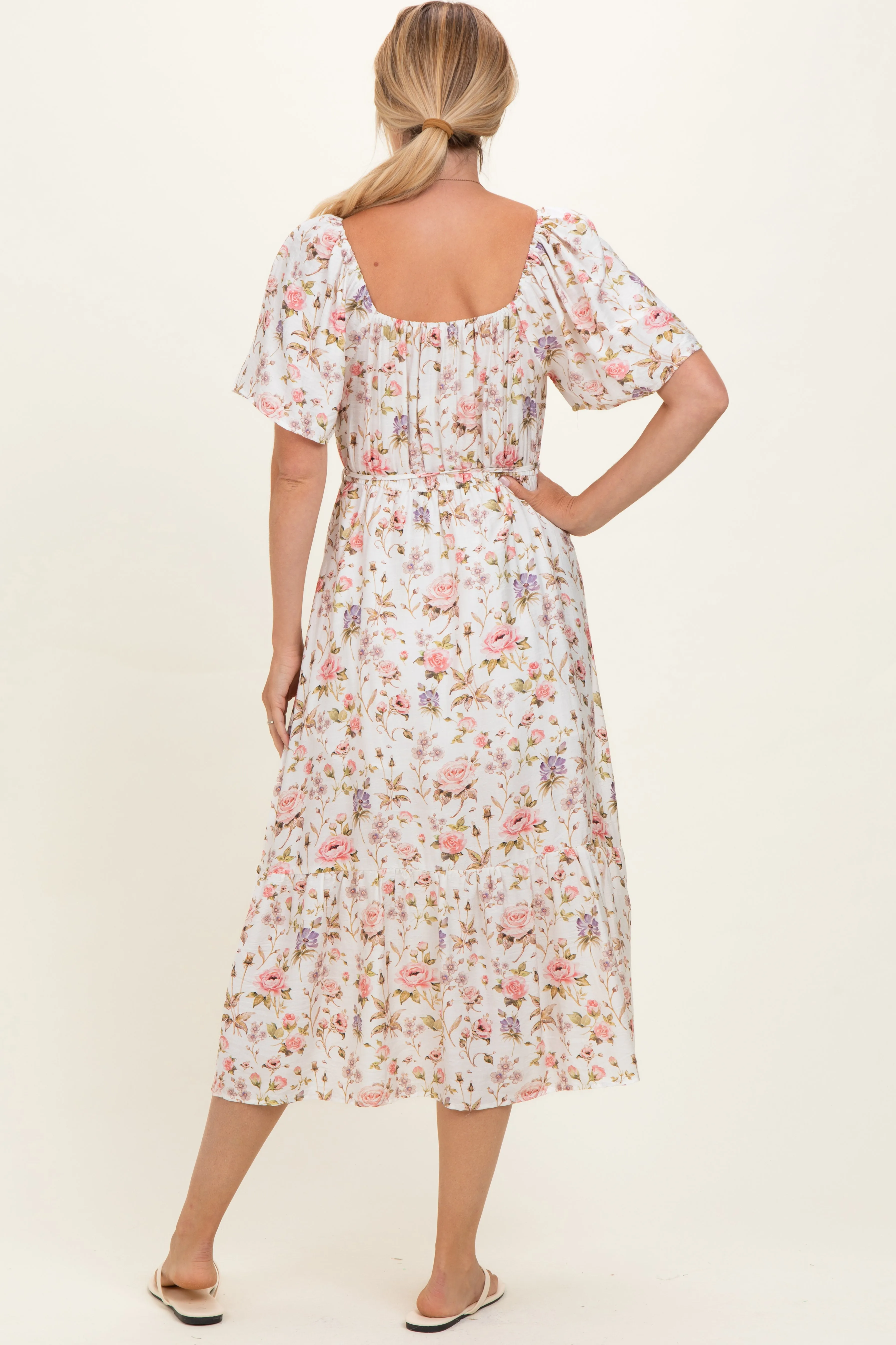 Ivory Floral Flutter Sleeve Midi Dress sold by Pinkblush product image thumbnail 4