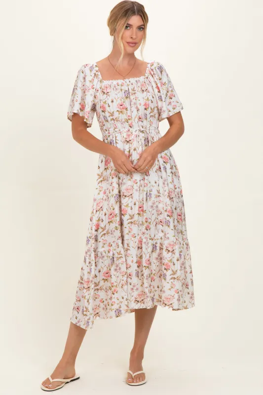 Ivory Floral Flutter Sleeve Midi Dress made by So Me