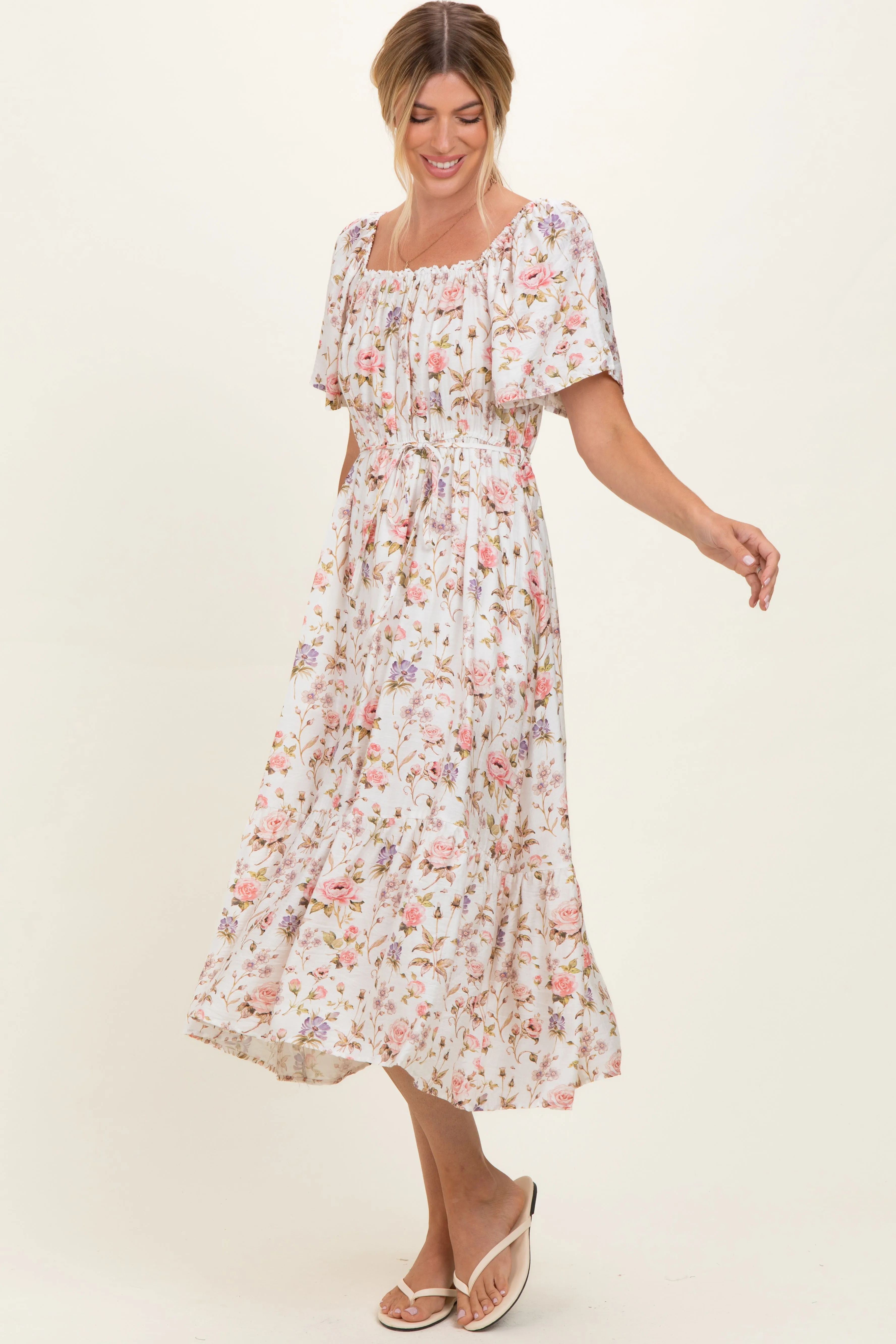 Ivory Floral Flutter Sleeve Midi Dress sold by Pinkblush product image thumbnail 2