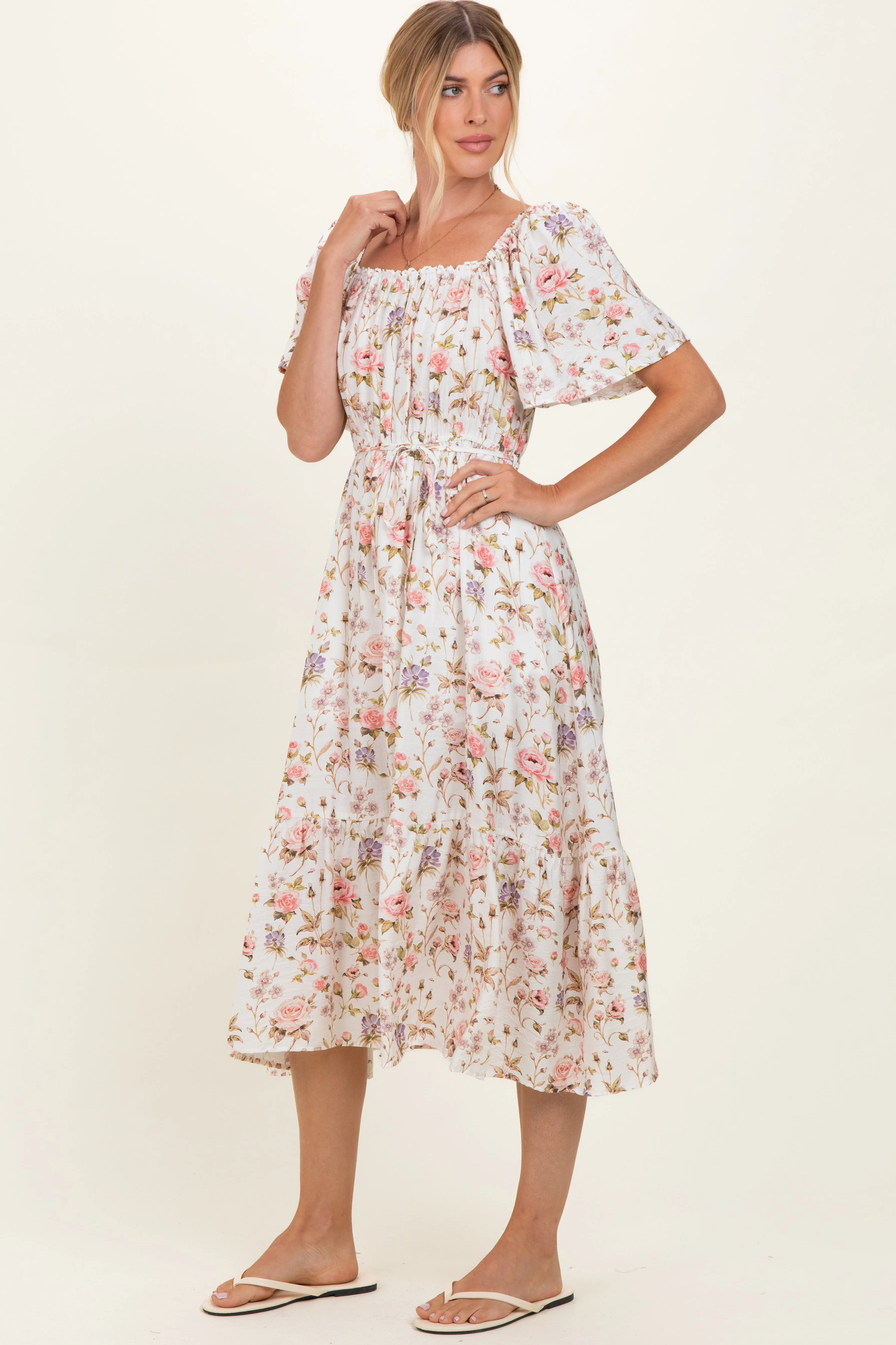 Ivory Floral Flutter Sleeve Midi Dress sold by Pinkblush product image thumbnail 3